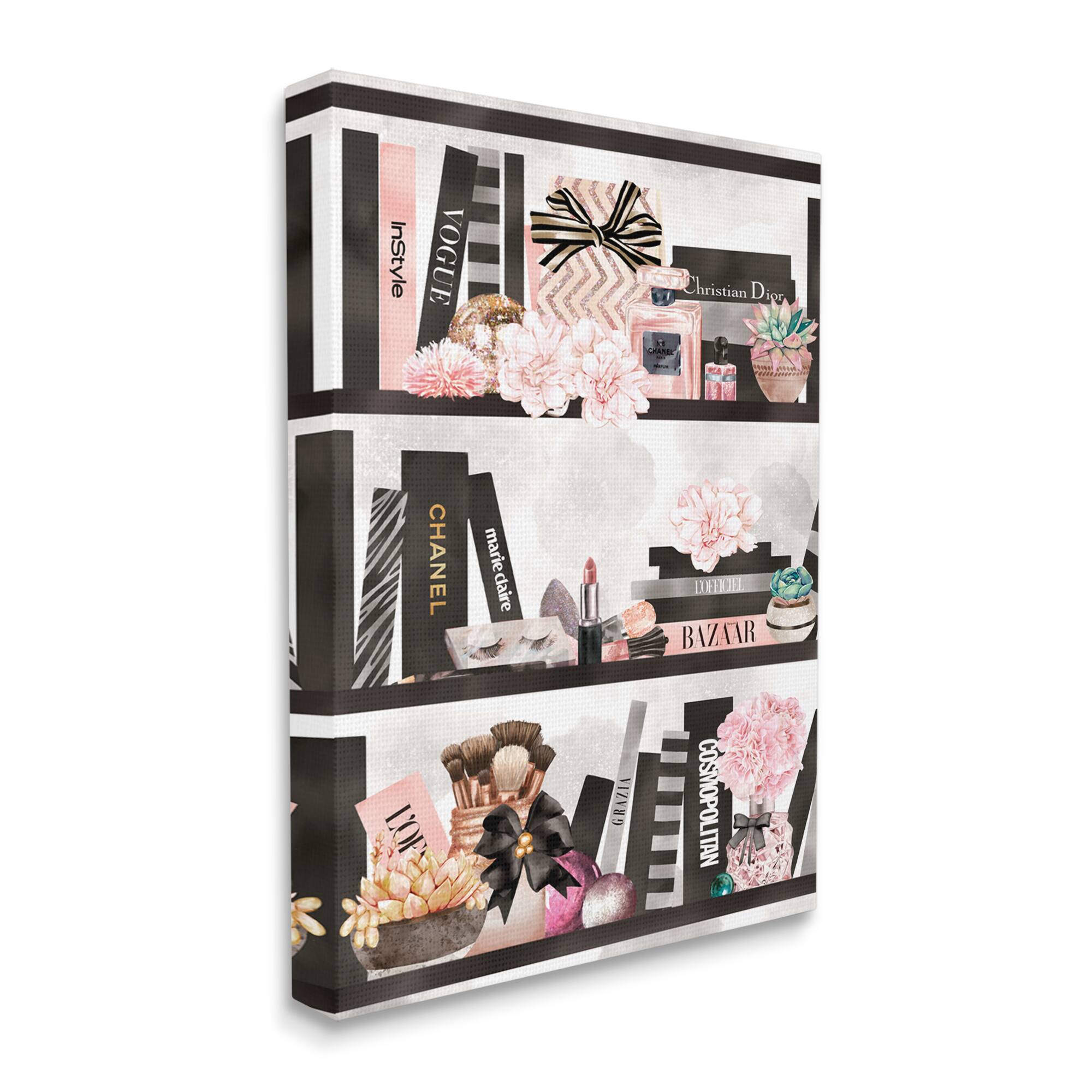 Stupell Industries Fashion Bookshelf Glam Cosmetic Accessories and Books Canvas Wall Art
