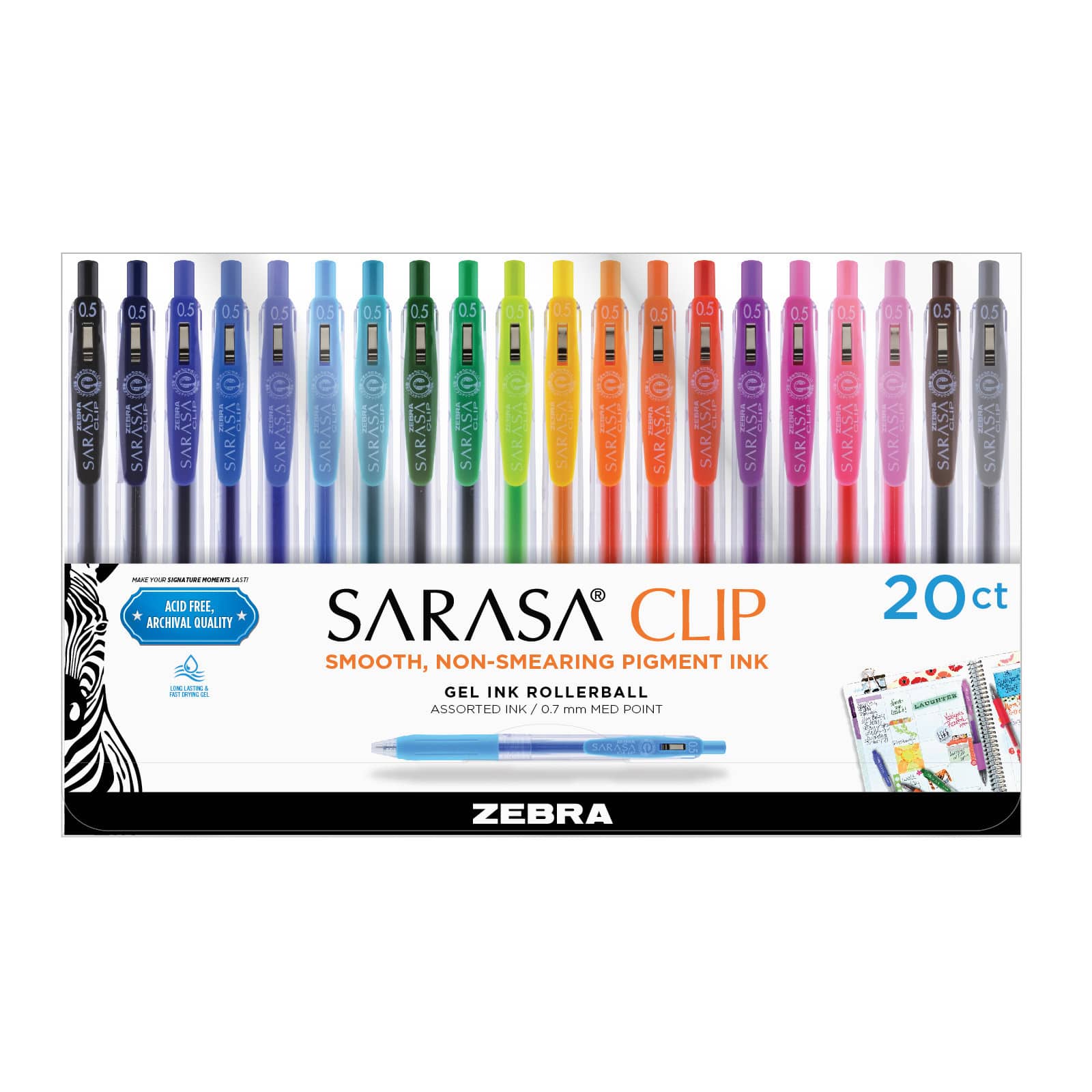 Zebra Sarasa&#xAE; Clip 20 Color Gel Retractable Pen Set