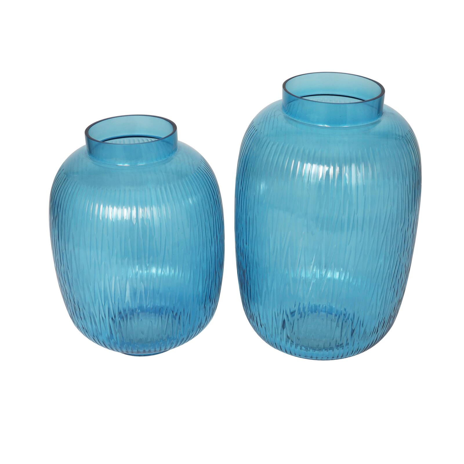 Blue Glass Ribbed Vase Set