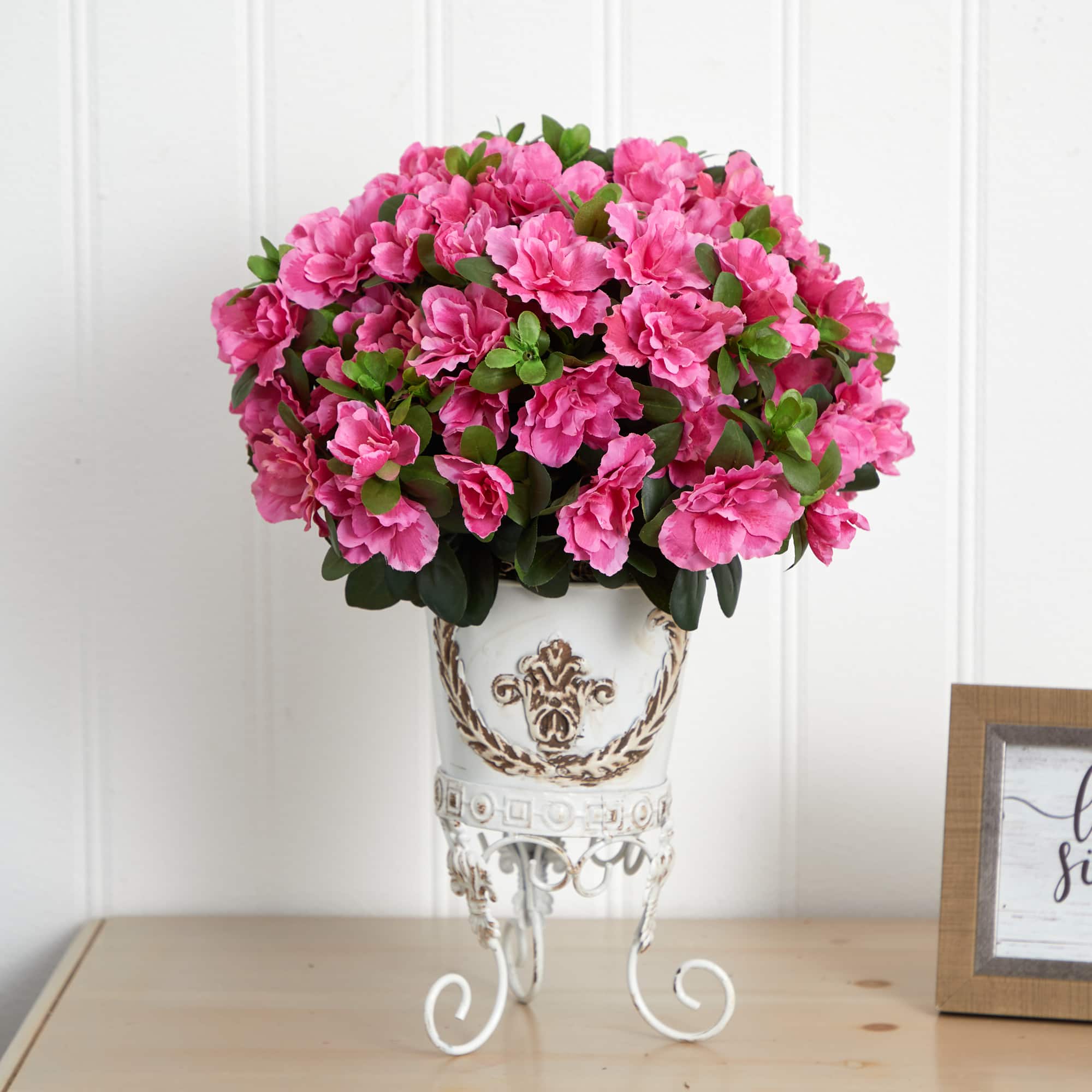 19" Pink Azalea with White Metal Planter