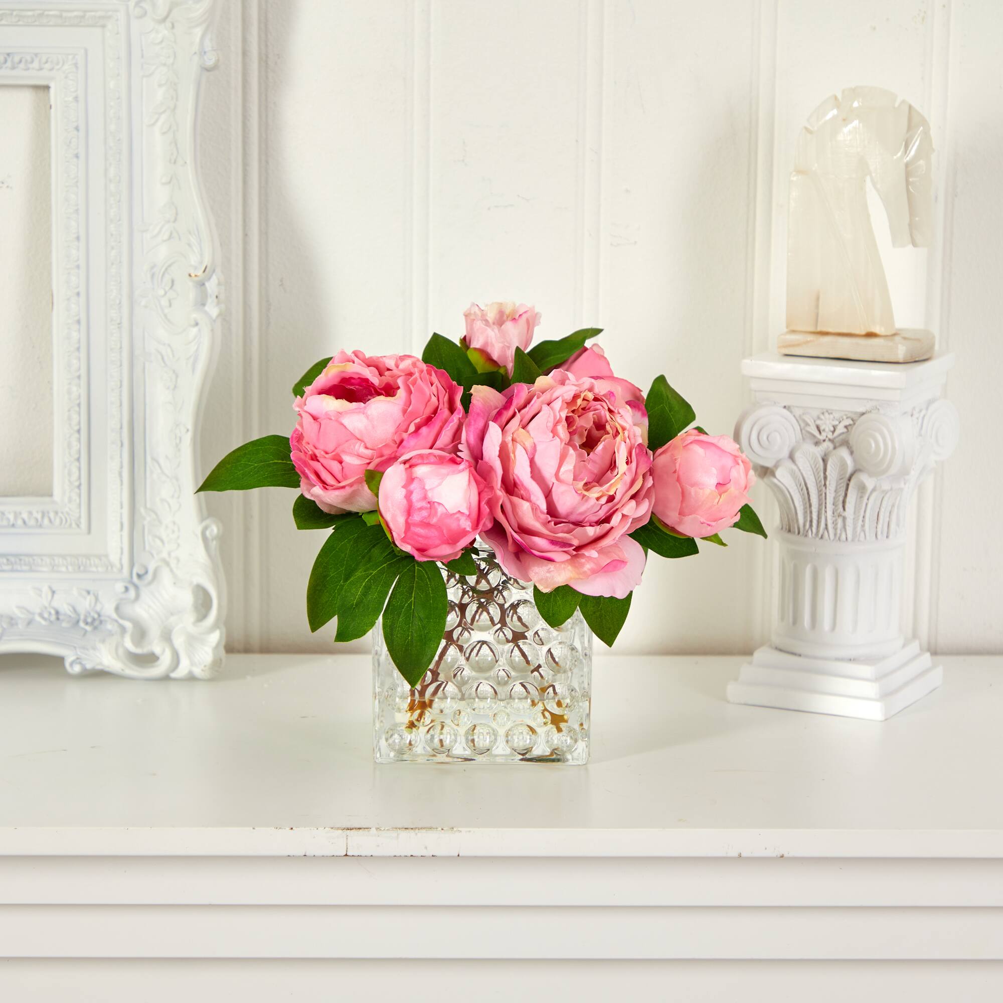 8.5&#x22; Pink Peony In Square Textured Glass Vase