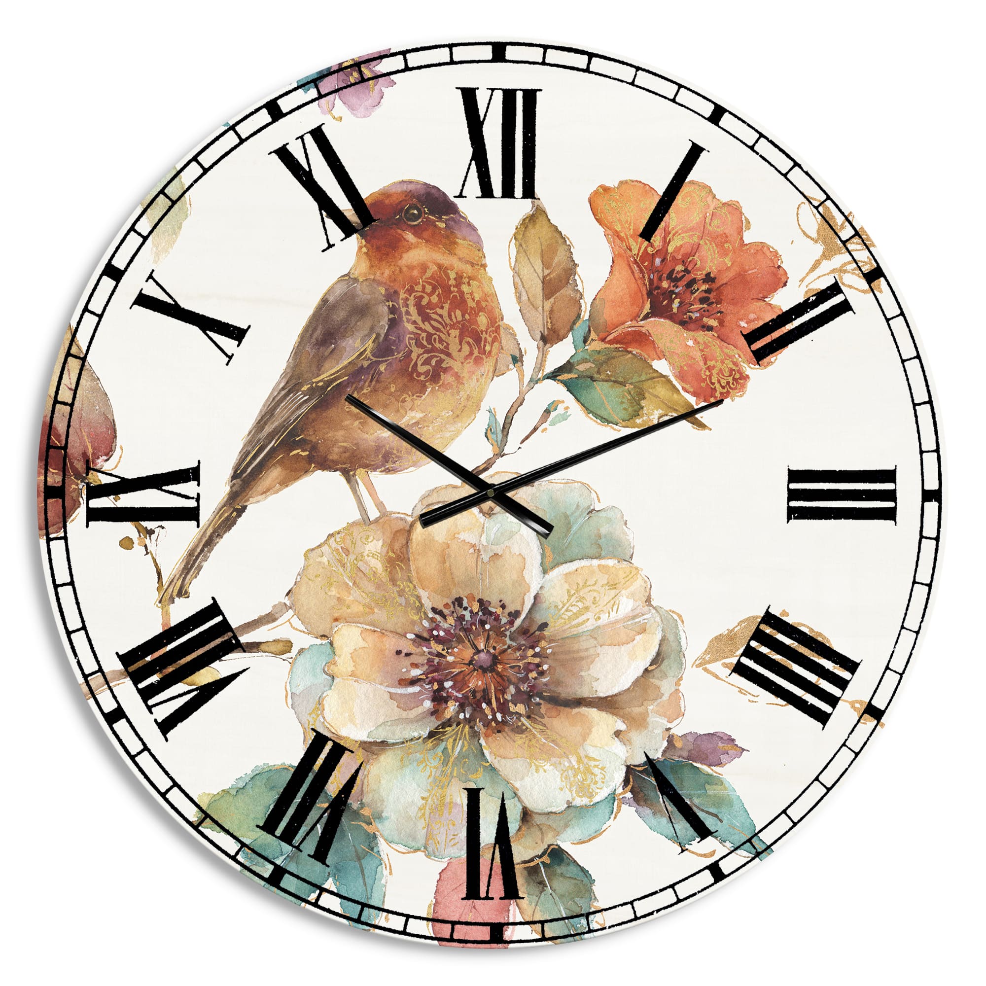 Designart &#x27;Farmhouse Bird On Flower Branch Farmhouse Wall Clock