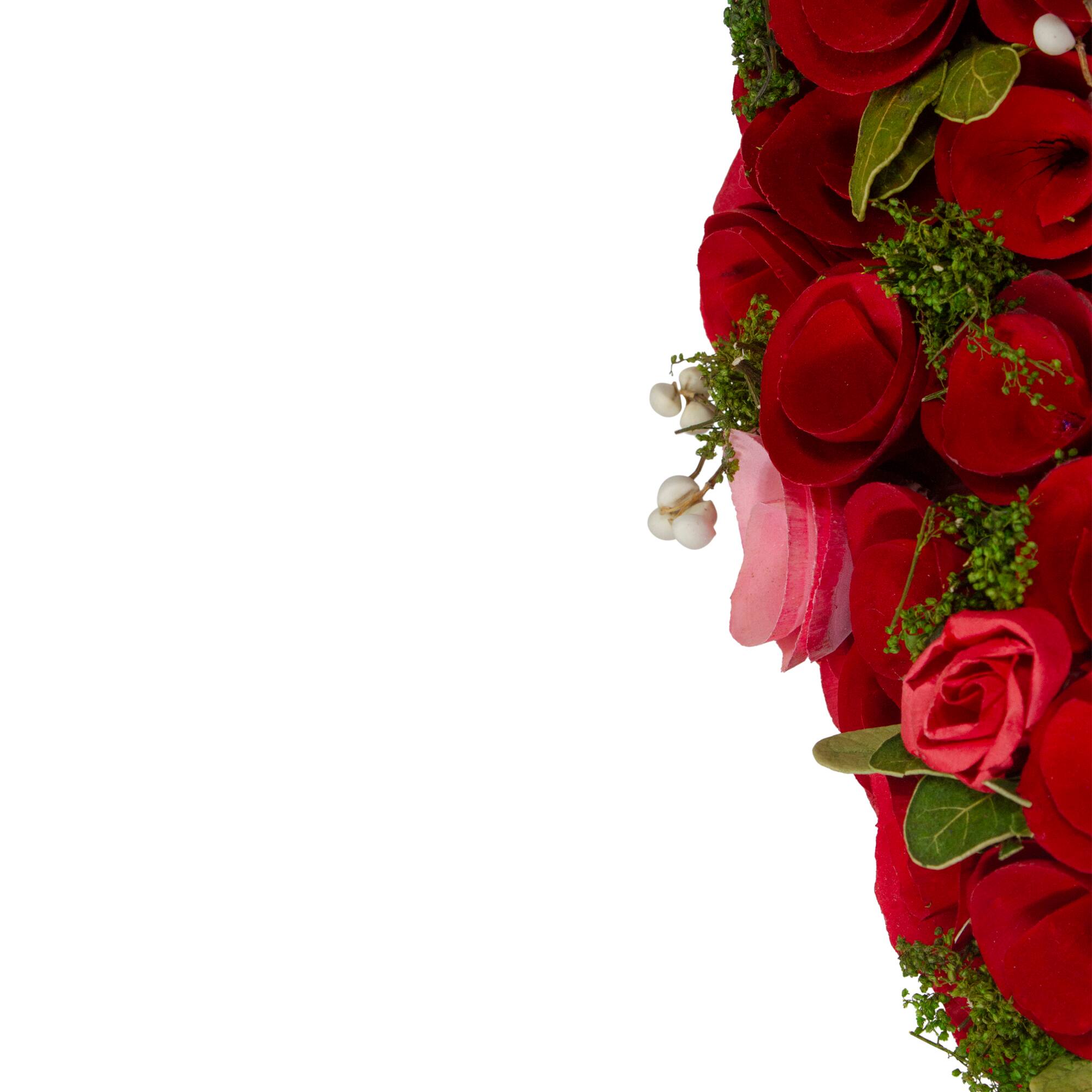 Red and Pink Wooden Rose with White Berries Artificial Wreath 12"