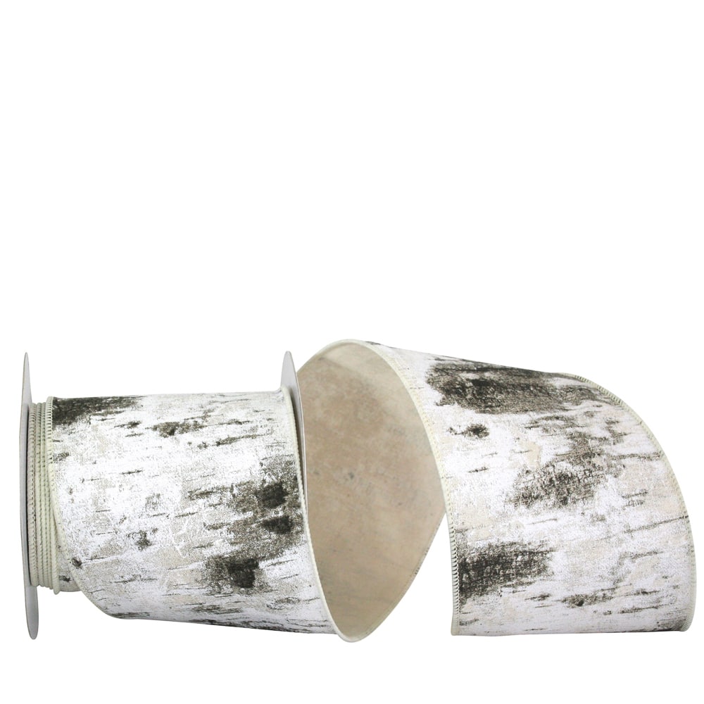 JAM Paper 4&#x22; x 10yd. White Birch Tree Bark Forest Wired Edge Ribbon