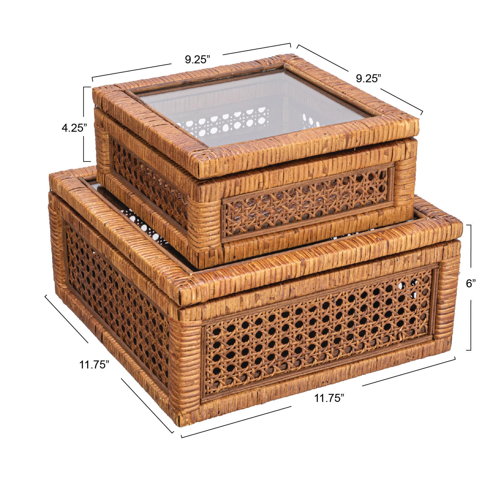 Hello Honey&#xAE; Dark Brown Modern Decorative Square Woven Rattan &#x26; Wood Display Box Set with Glass Top