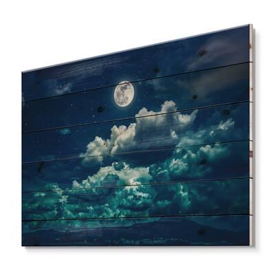 Designart - Full Moon In Cloudy Night Sky II - Nautical & Coastal Print on Natural Pine Wood in Blue | 20" x 10" | Michaels®