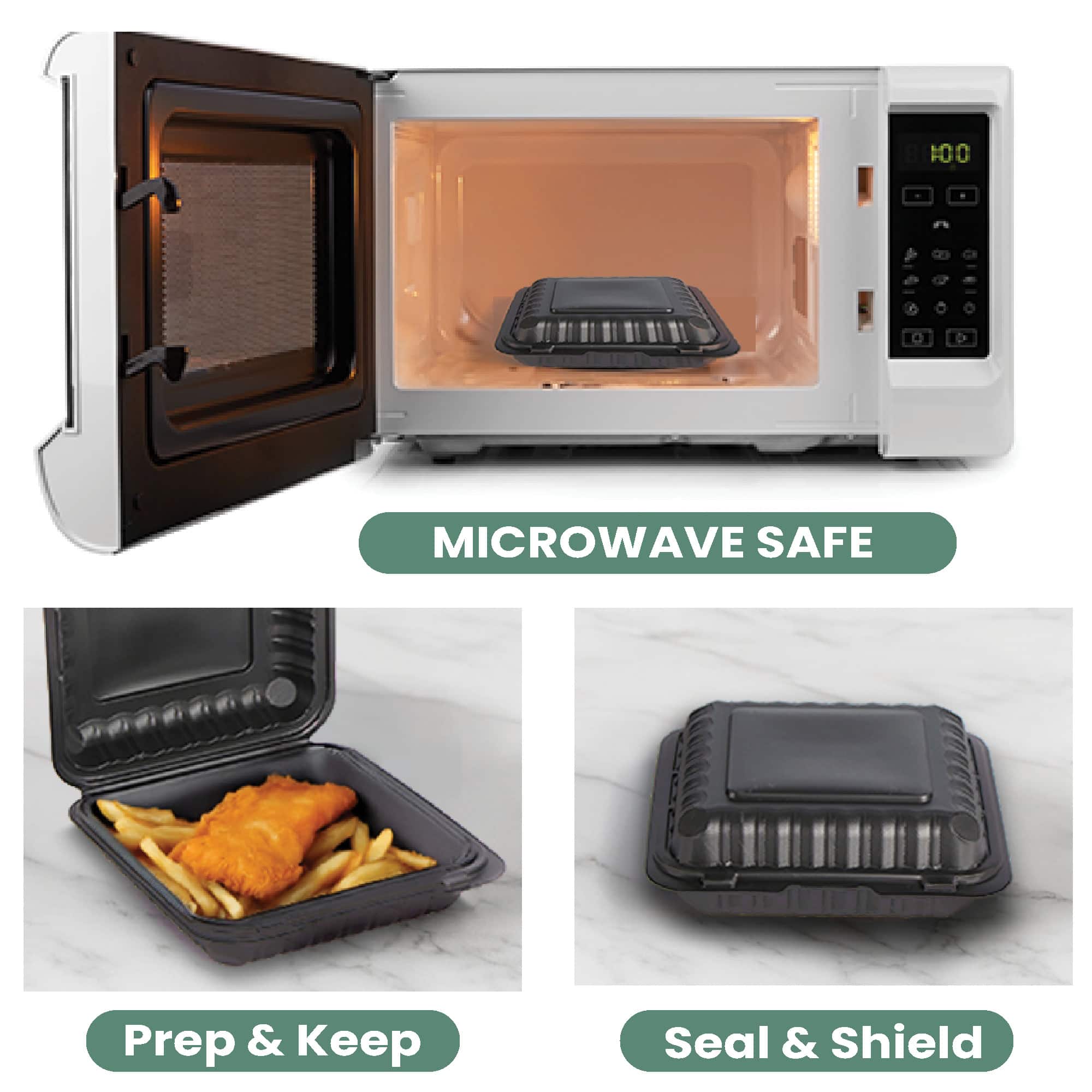 9" Black Single-Compartment Clamshell Take Out Containers, 150ct.