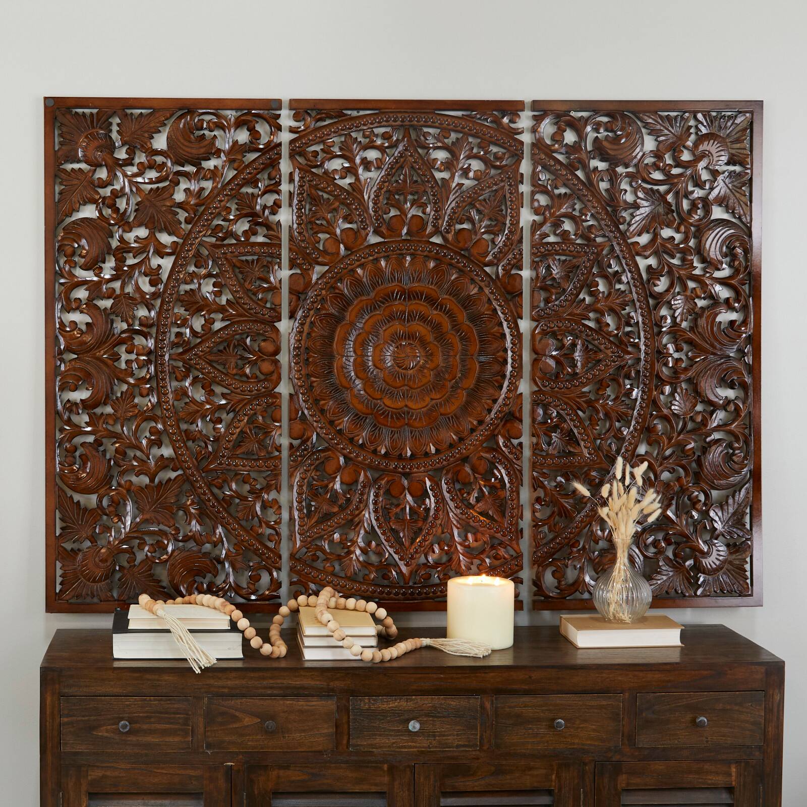 Brown Wood Handmade Intricately Carved Floral Wall Decor with Mandala Design Set of 3 22&#x22;, 48&#x22;