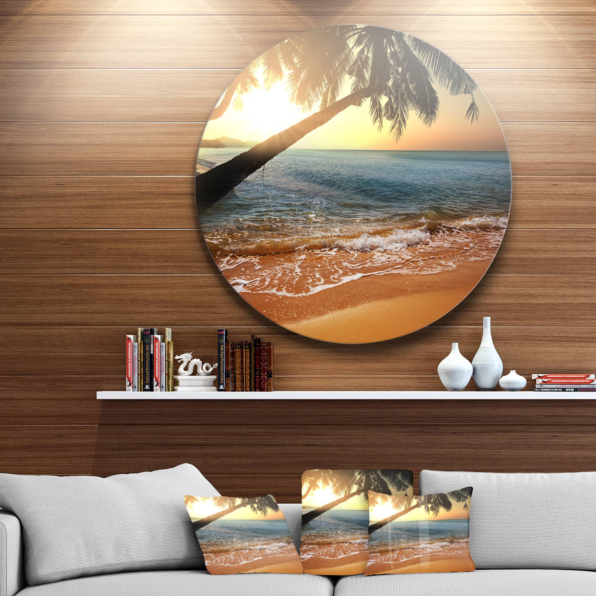 Designart - Beautiful Sunset on Tropical Beach&#x27; Large Seashore Metal Circle Wall Art