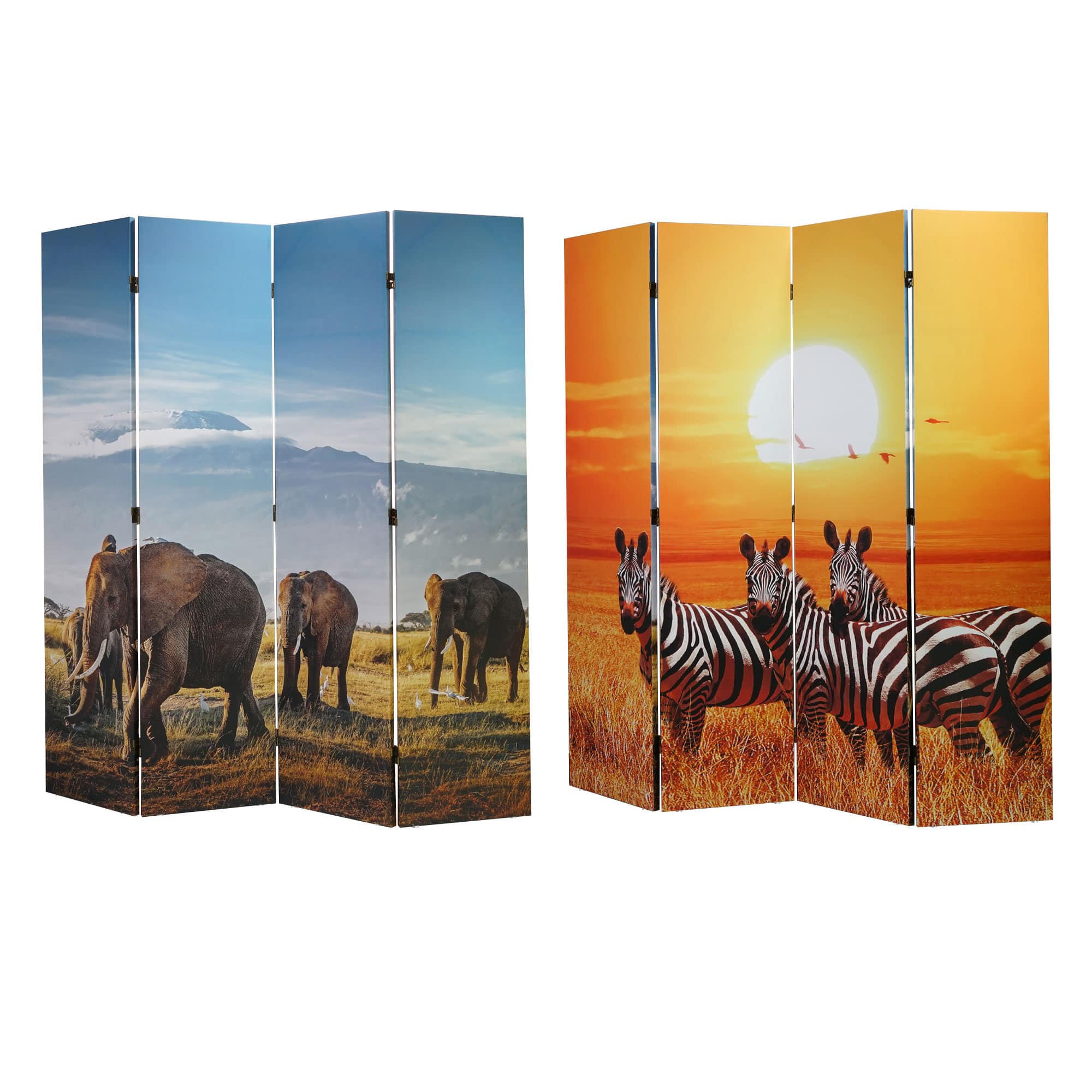 American Art Decor&#x2122; 6ft. Double-Sided 4-Panel African Elephants &#x26; Zebras Animals Canvas Privacy Screen