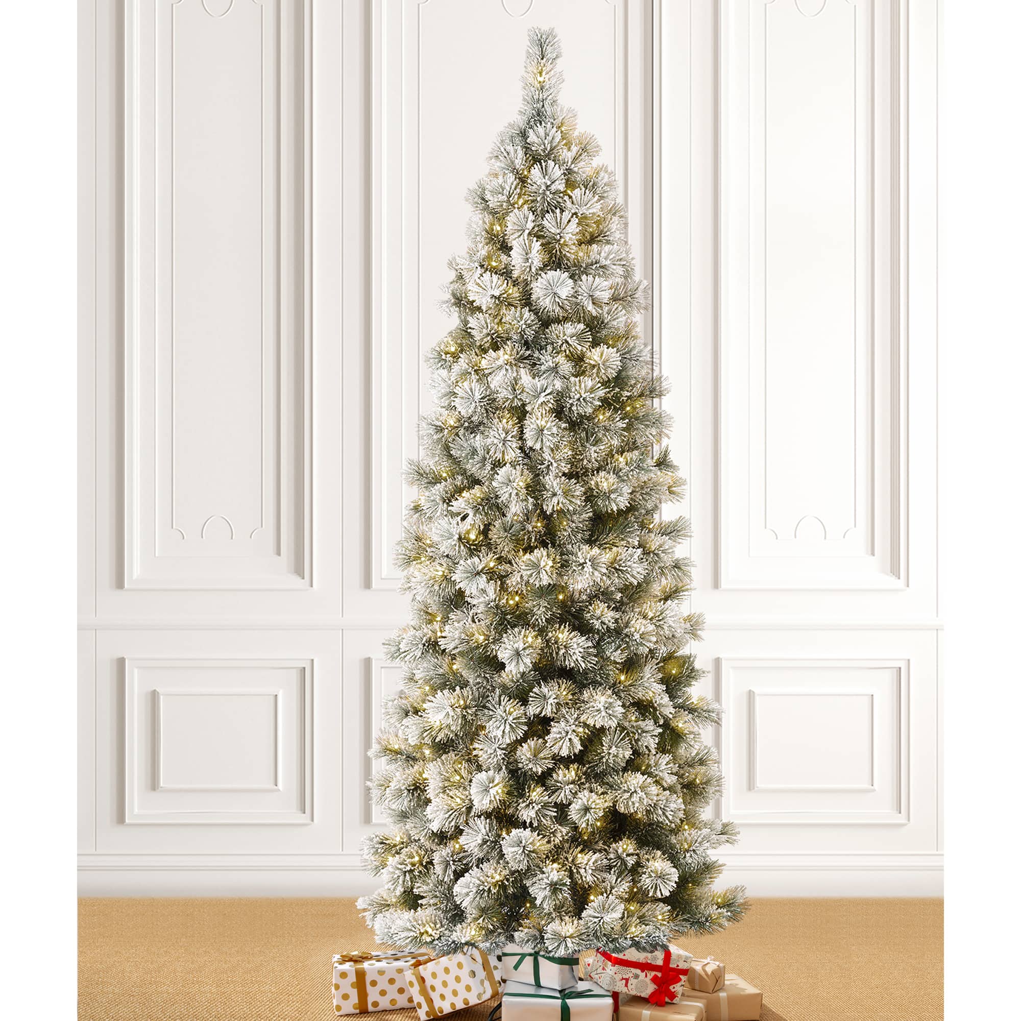 7.5ft Pre-Lit Flocked Pine Artificial Christmas Tree, Warm White LED Lights