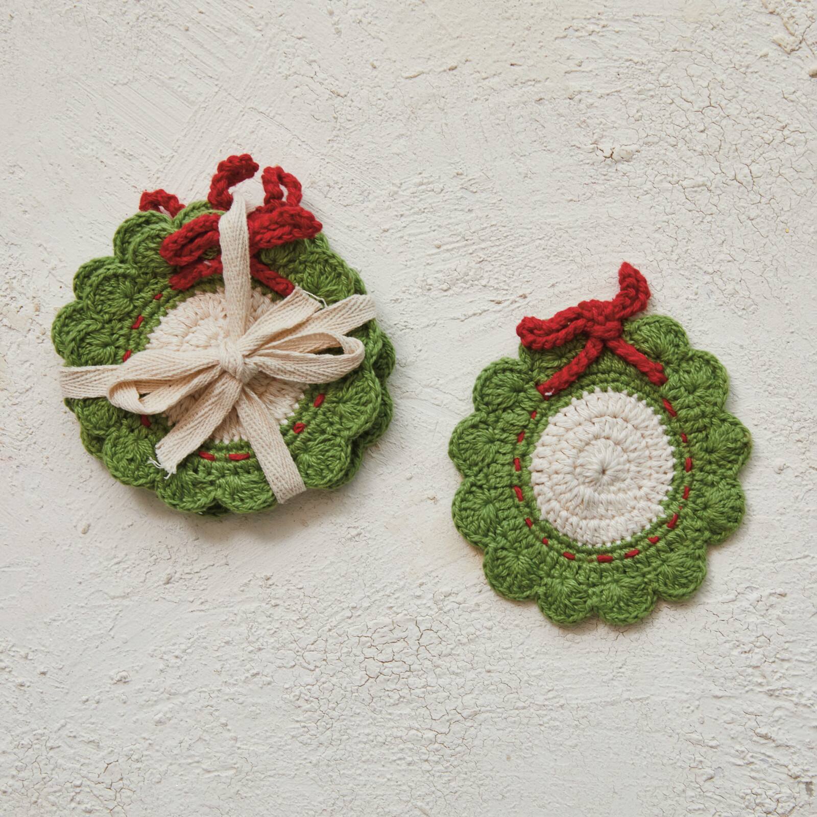 Hello Honey&#xAE; 4&#x22; Green, Red &#x26; White Wreath Crocheted Cotton Coasters, 4ct.