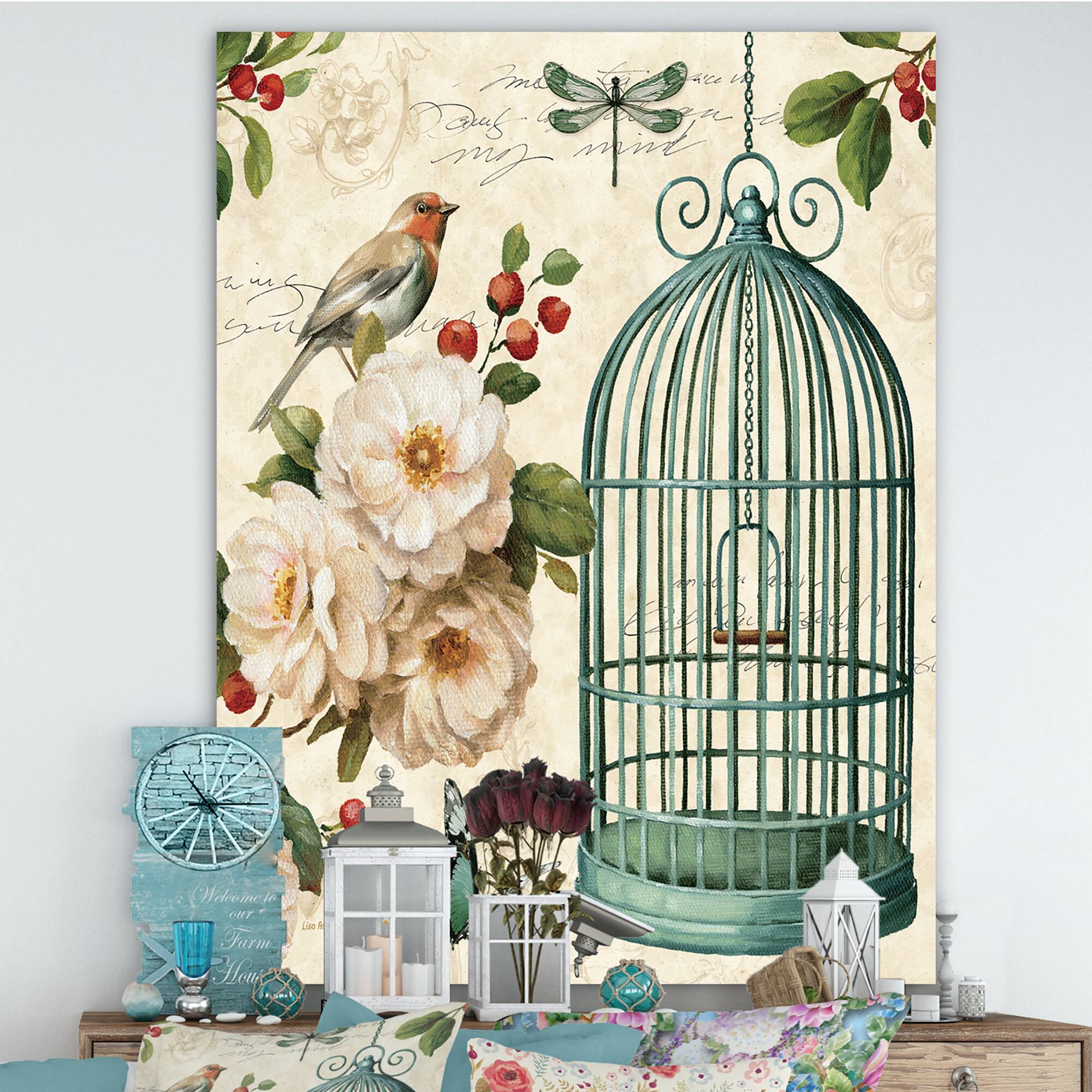 Designart - Blue Cottage Bird, Birdcage and Apple Blossoms II - Floral and botanical Premium Canvas Wall Art