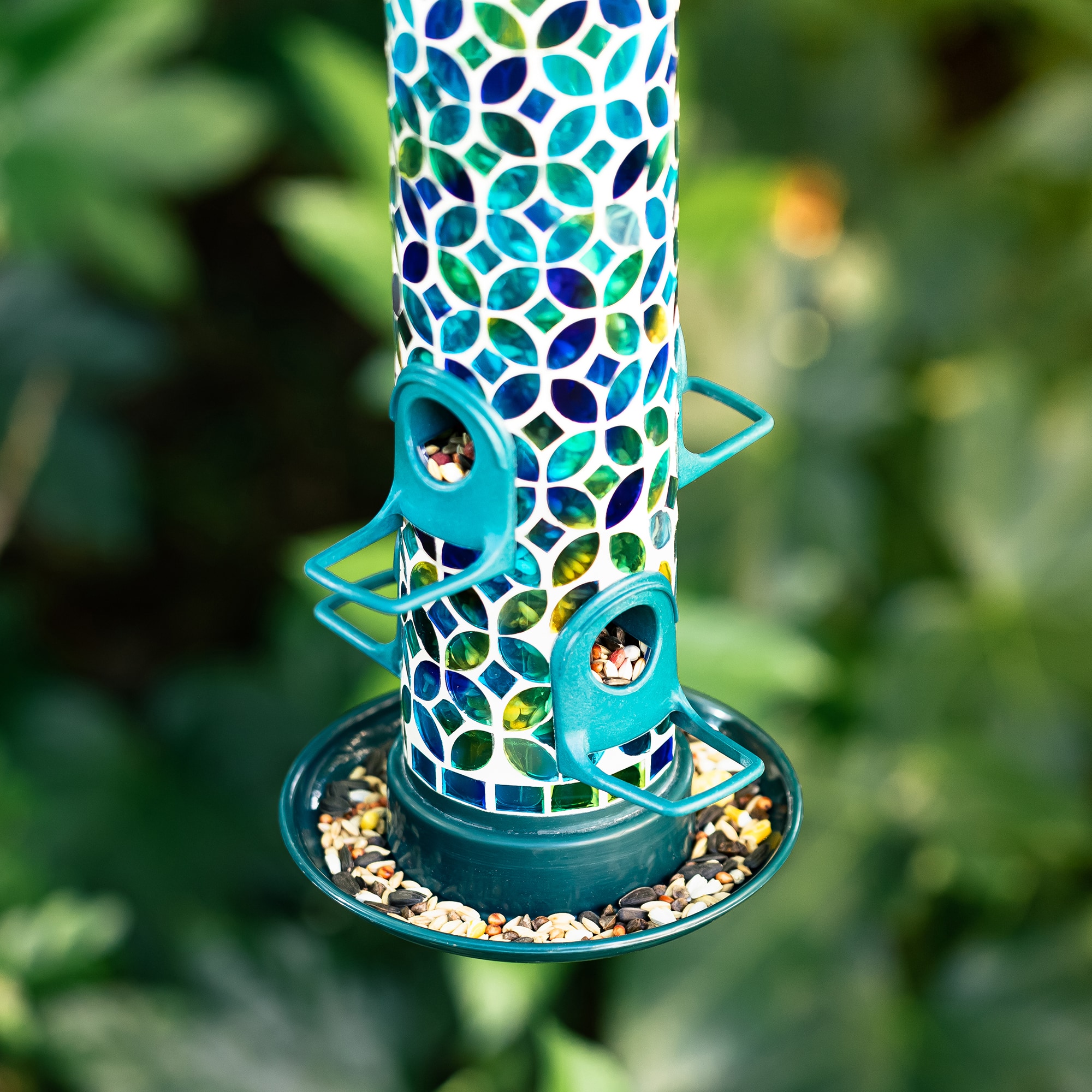 Glitzhome® 20" Tall Blue & Green Mosaic Glass Hanging Bird Feeder