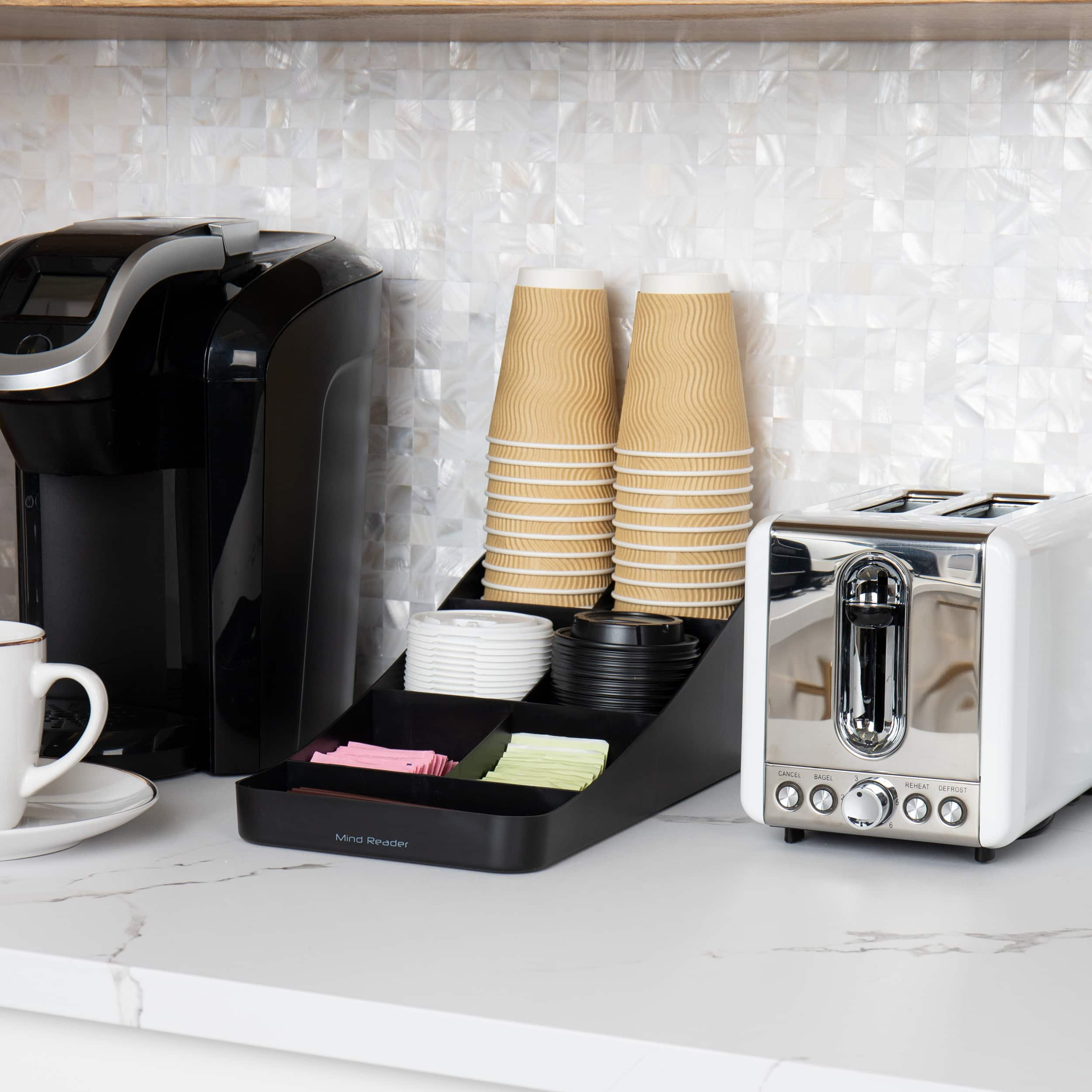 Mind Reader Anchor Collection 7-Compartment Black Coffee Cup and Condiment Dispenser, 2ct.