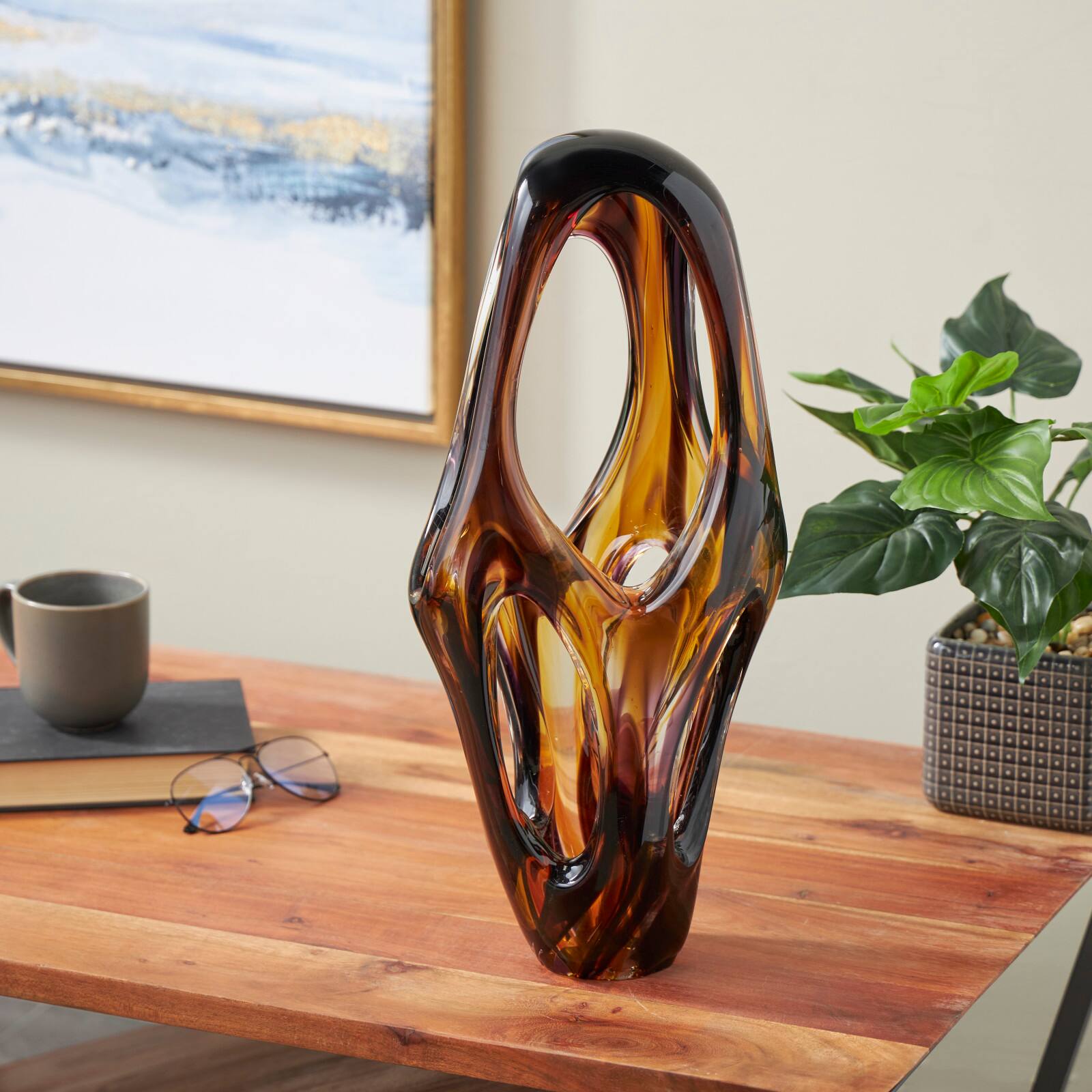 20.25" Yellow Amber Glass Abstract Sculpture