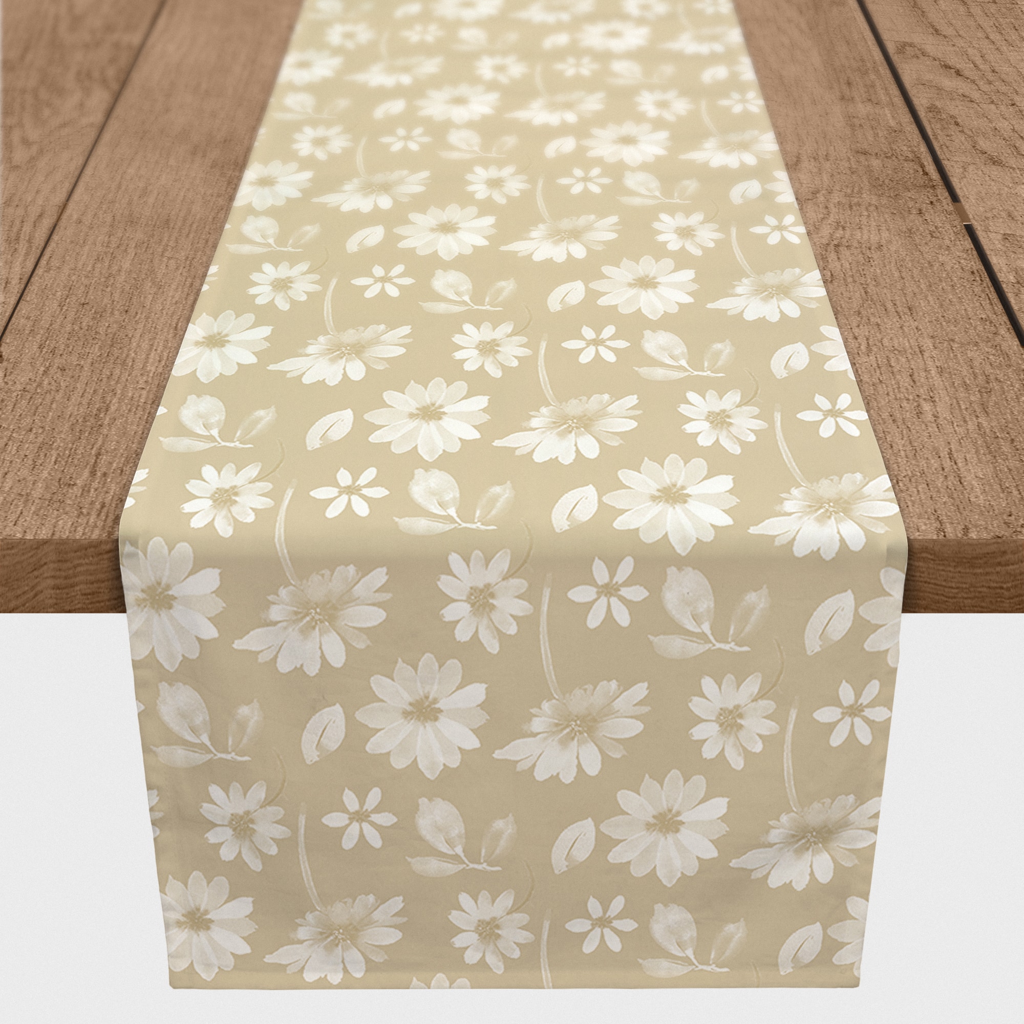 7.5ft. Tan & White Florals Cotton Twill Table Runner
