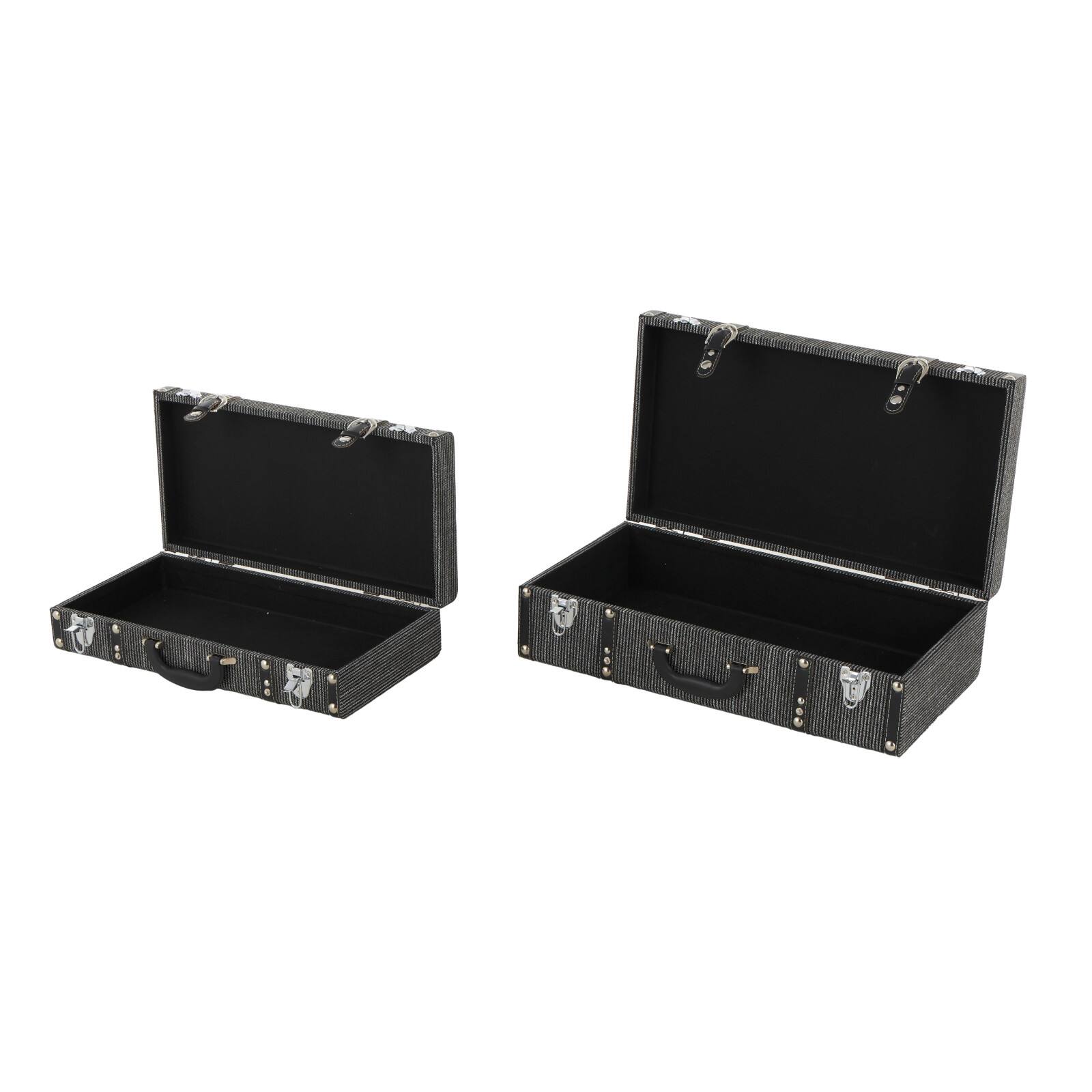 Black Fabric Woven Storage Decorative Trunk with Silver Latches &#x26; Buckles Set