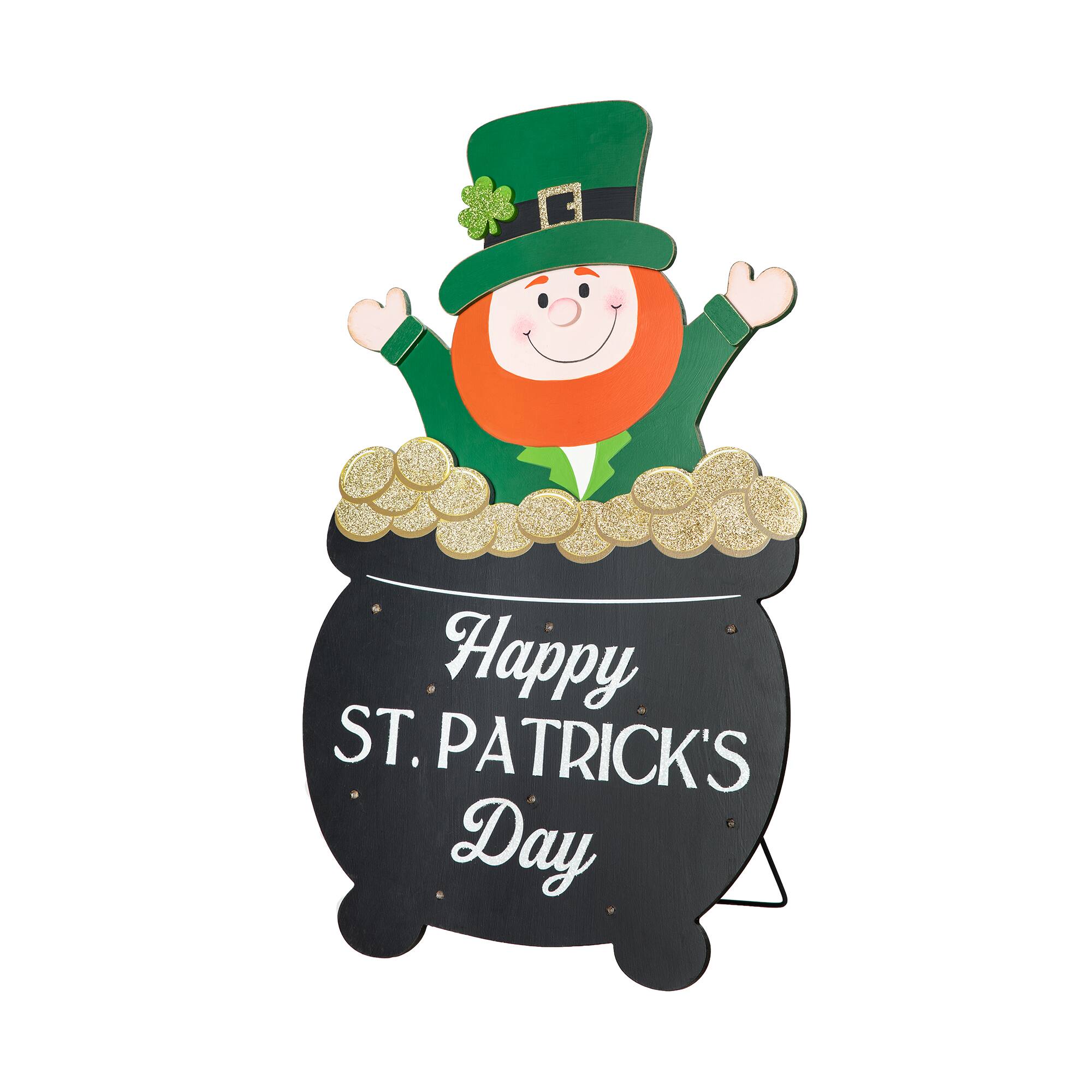 Glitzhome® 24" Lighted St. Patrick's Wooden Leprechaun Pot of Gold Décor