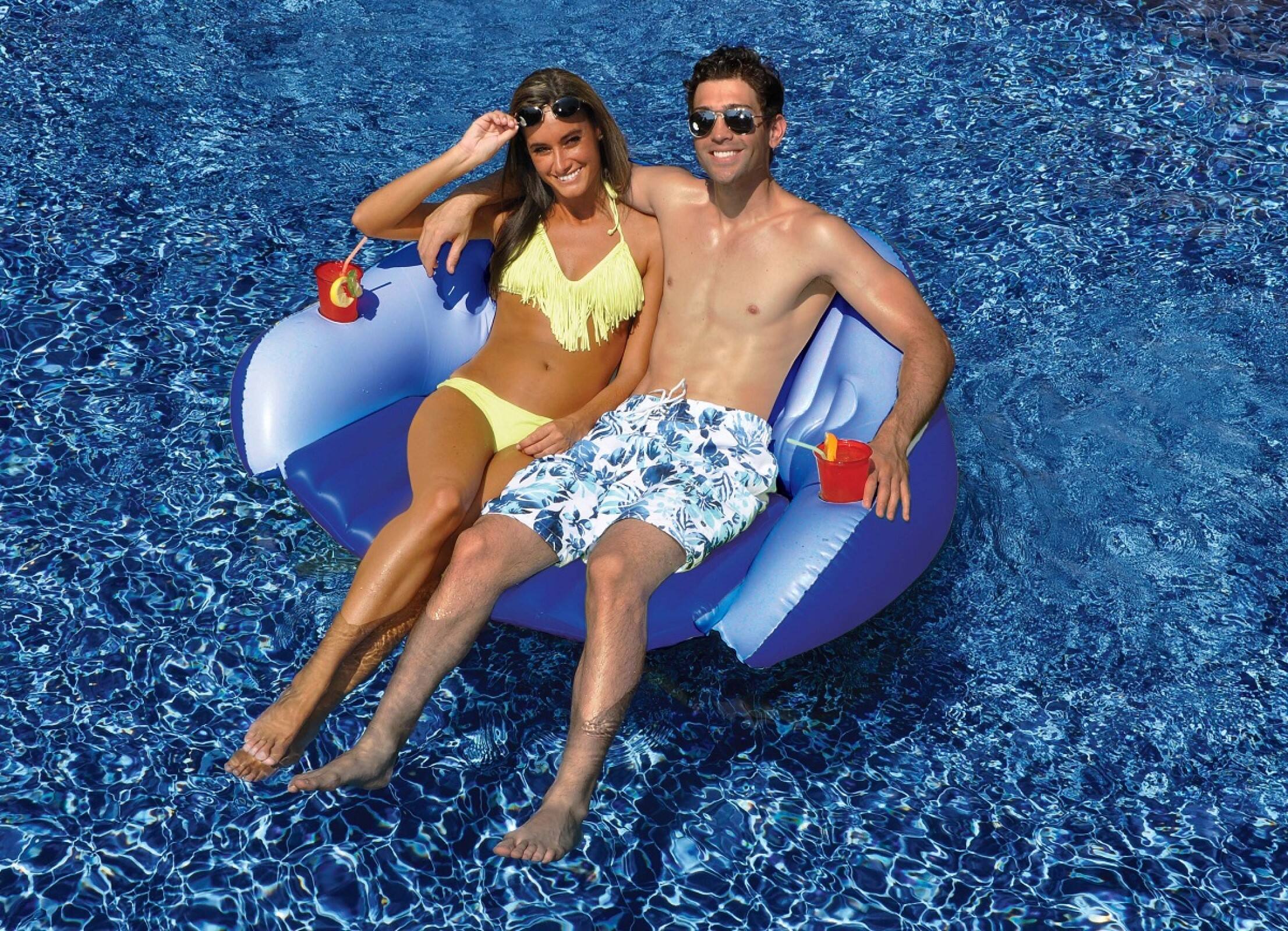 6ft. Inflatable Blue Love Seat Swimming Pool Float with Convertible Footrest