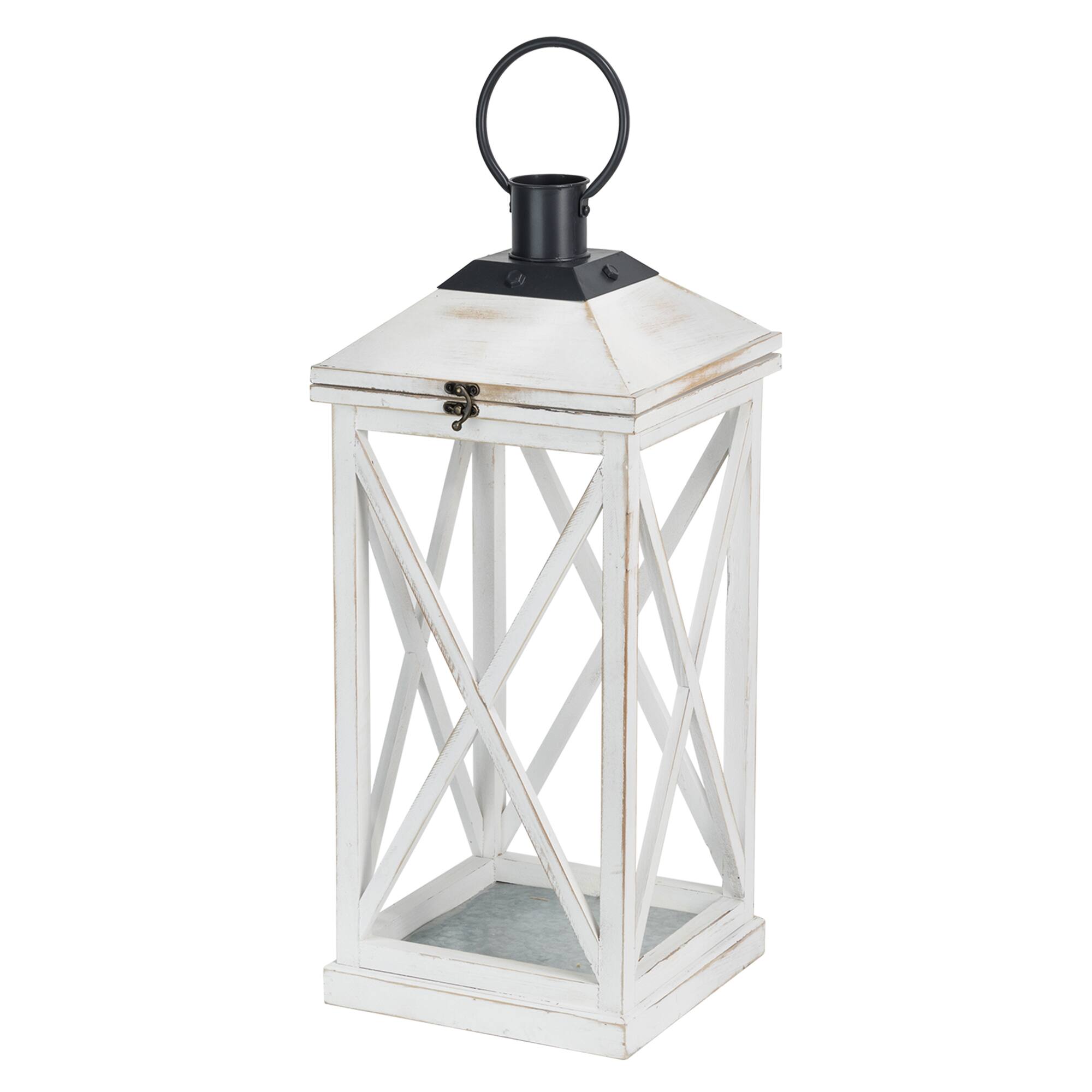 Modern Farmhouse White Wooden Lantern Set, 24&#x22; &#x26; 17&#x22;