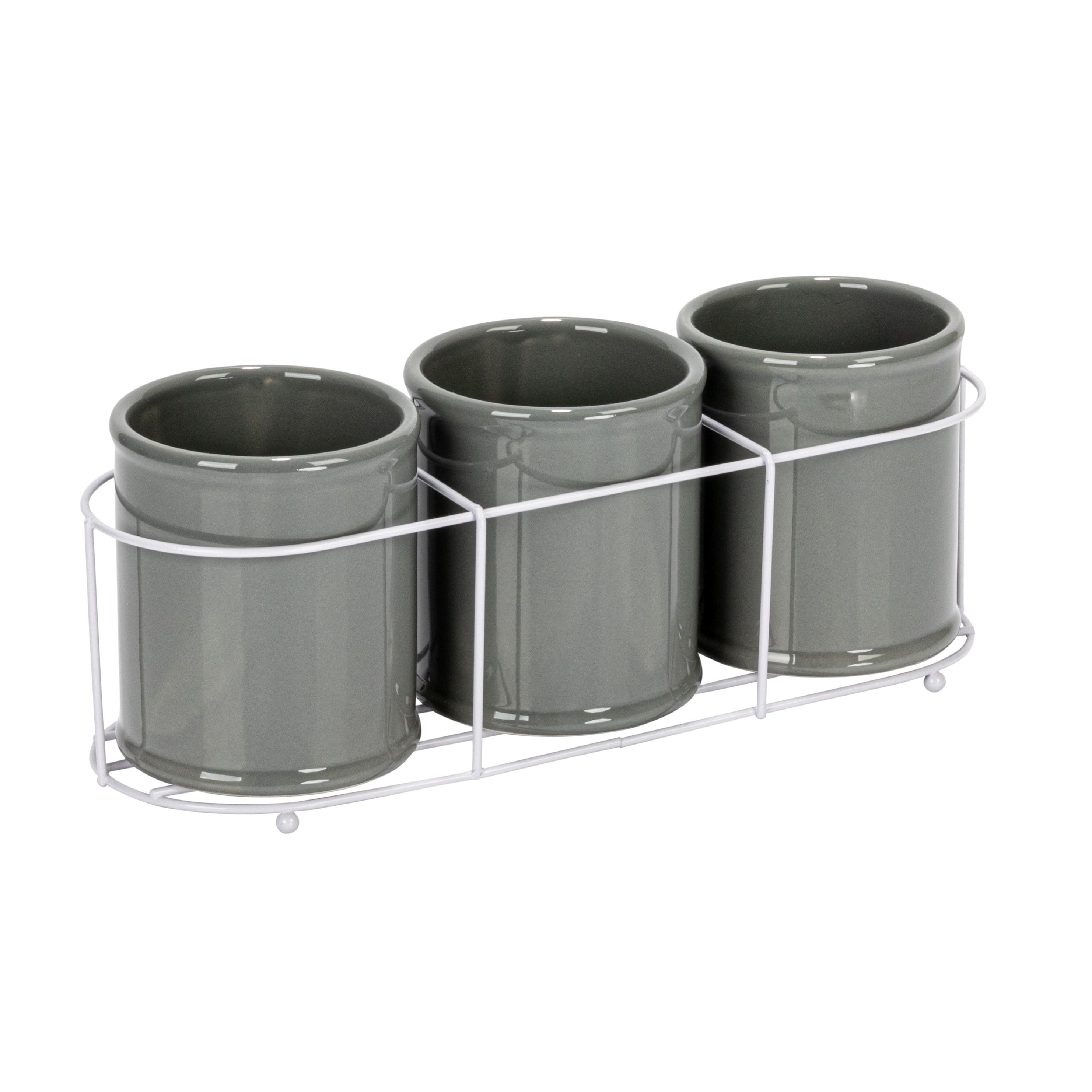 Hello Honey&#xAE; 11.5&#x22; Gray Farmhouse Ceramic Crocks in White Metal Holder
