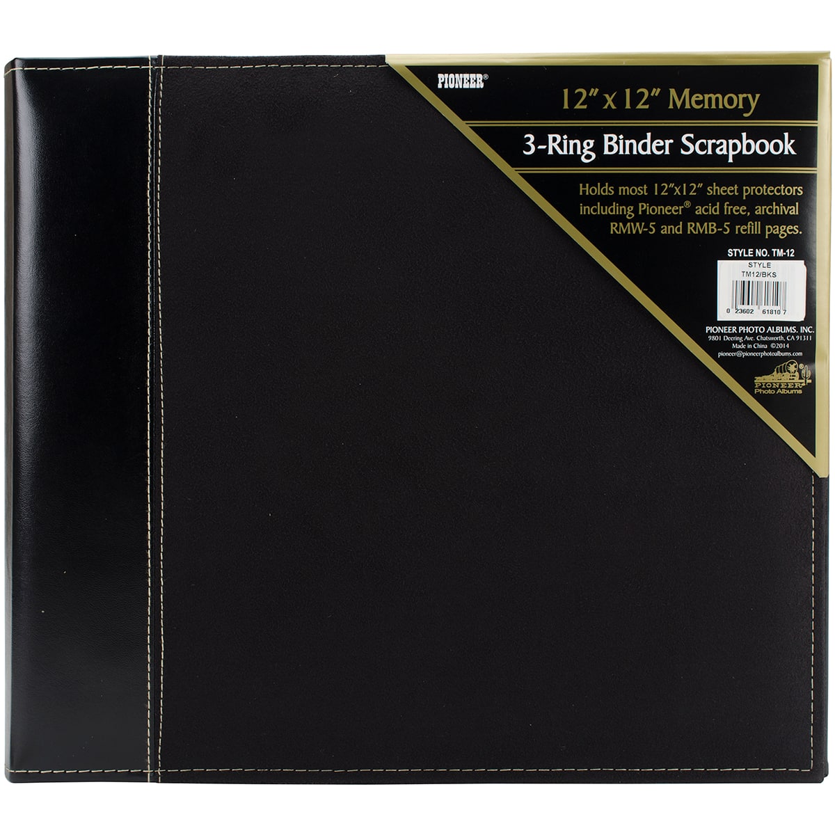 Pioneer 12x12 Sewn Cover 3 Ring Album - Black/Black