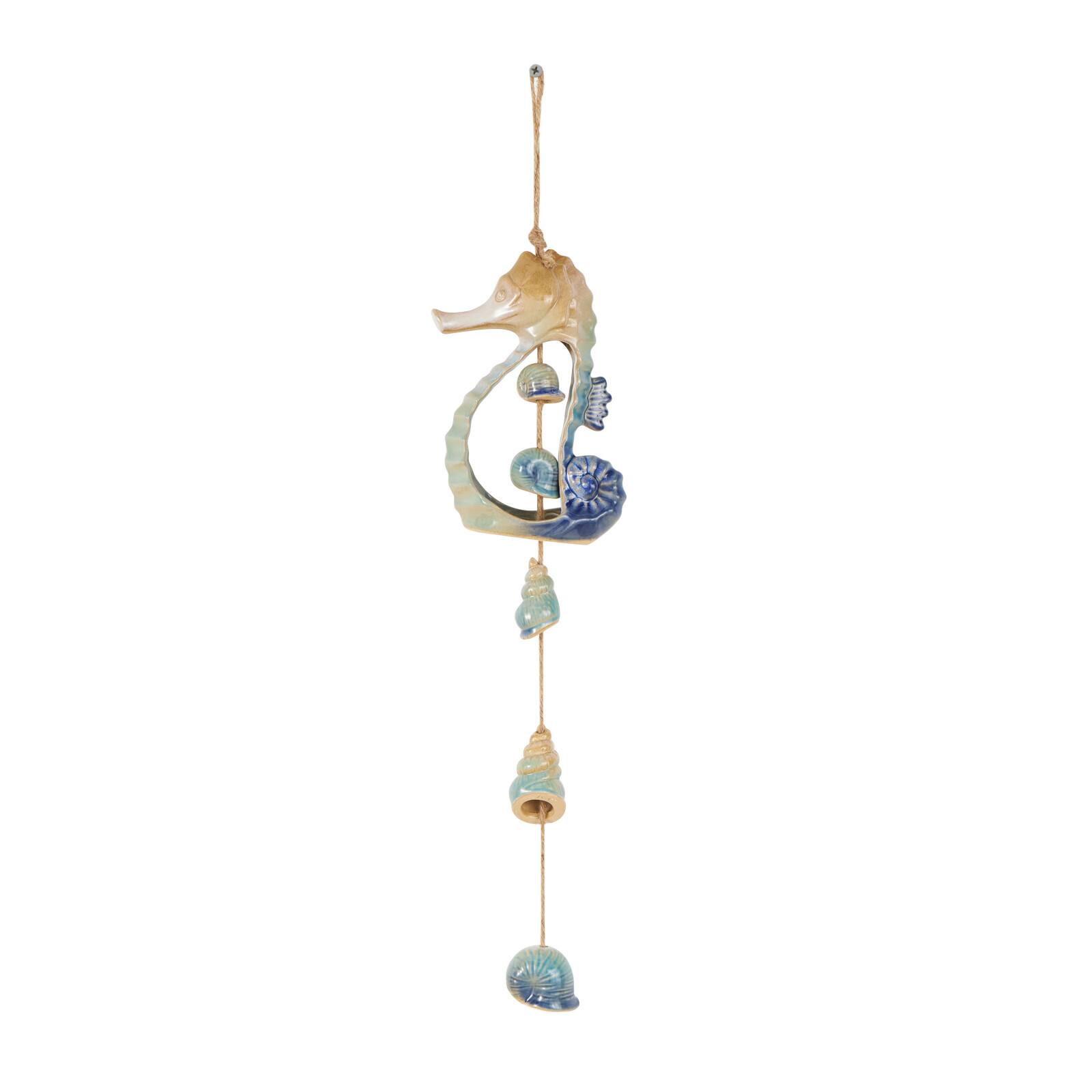 20.5&#x22; Blue Ceramic Sea Horse Ombre Windchime with Jute Rope &#x26; Hanging Seashell Accents