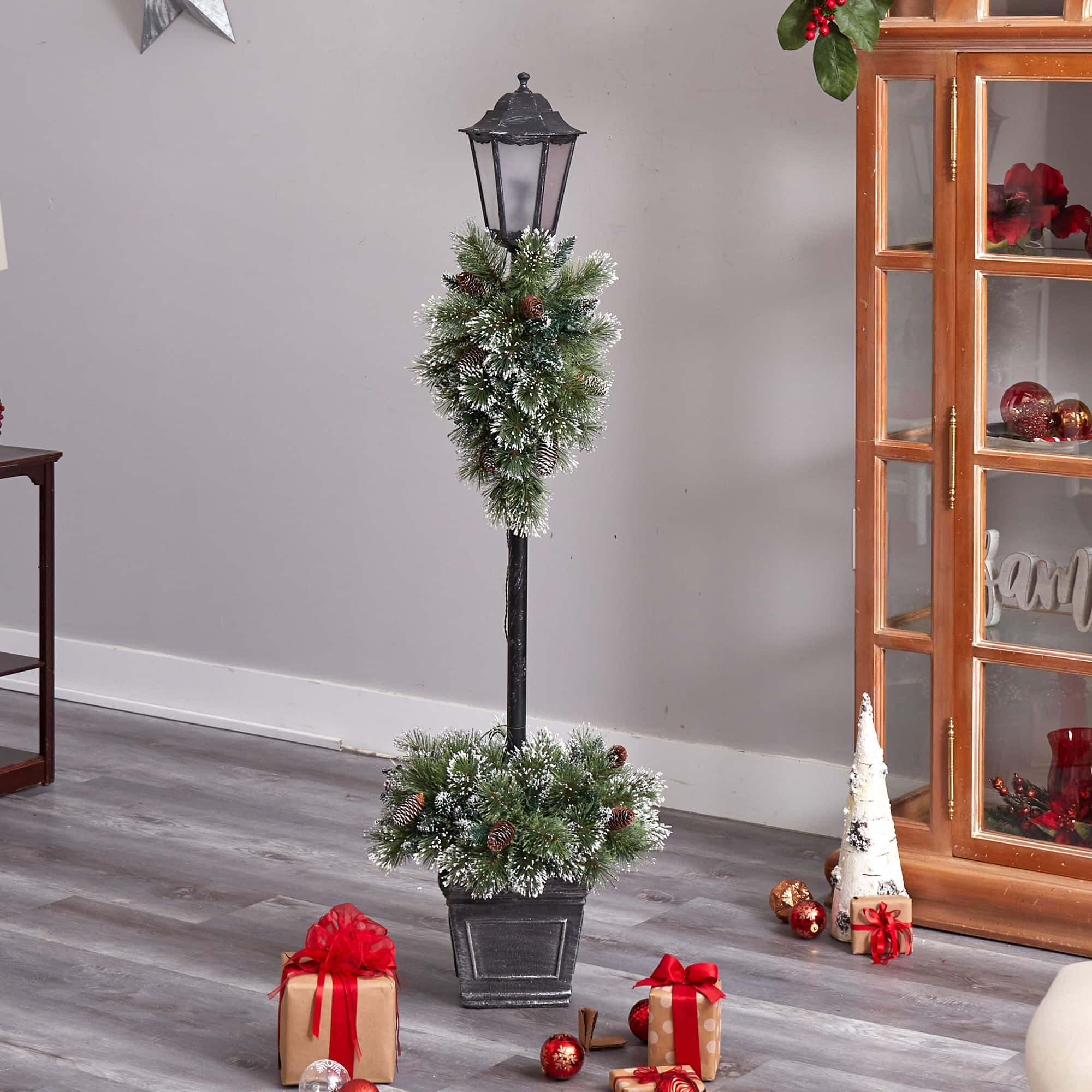 5ft. Pre-Lit LED Holiday Decorated Lamp Post With Faux Greenery In Decorative Container