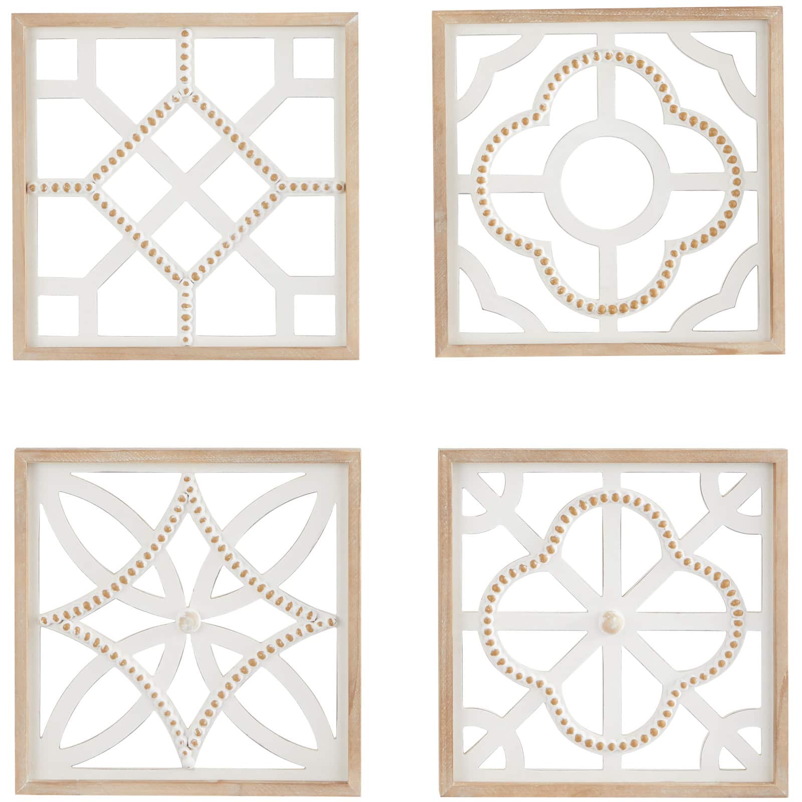 White Wood Beaded Geometric Wall Decor Set of 4 15&#x22;, 15&#x22;