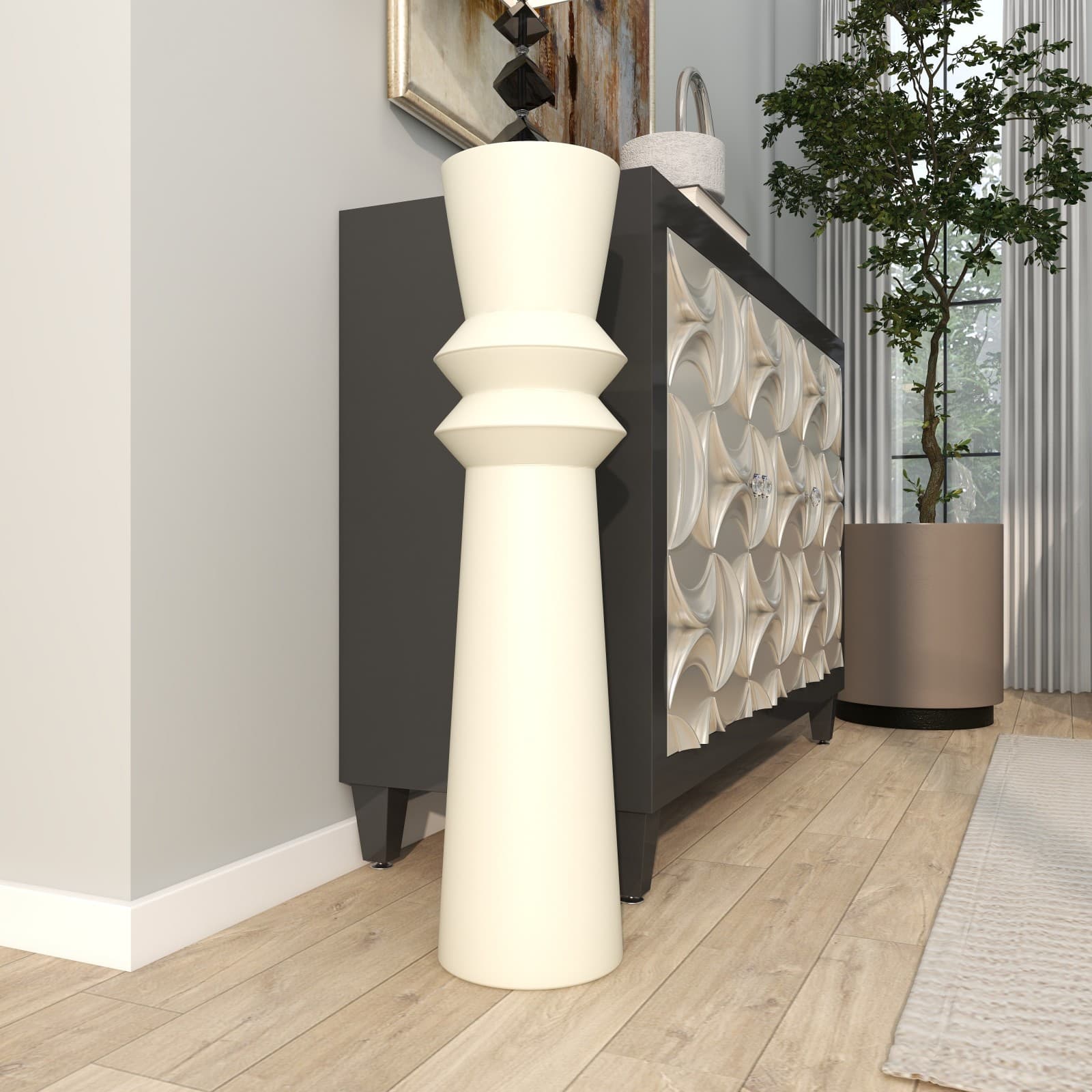 2.5ft. Cream Metal Tall Art Deco Fluted Floor Vase