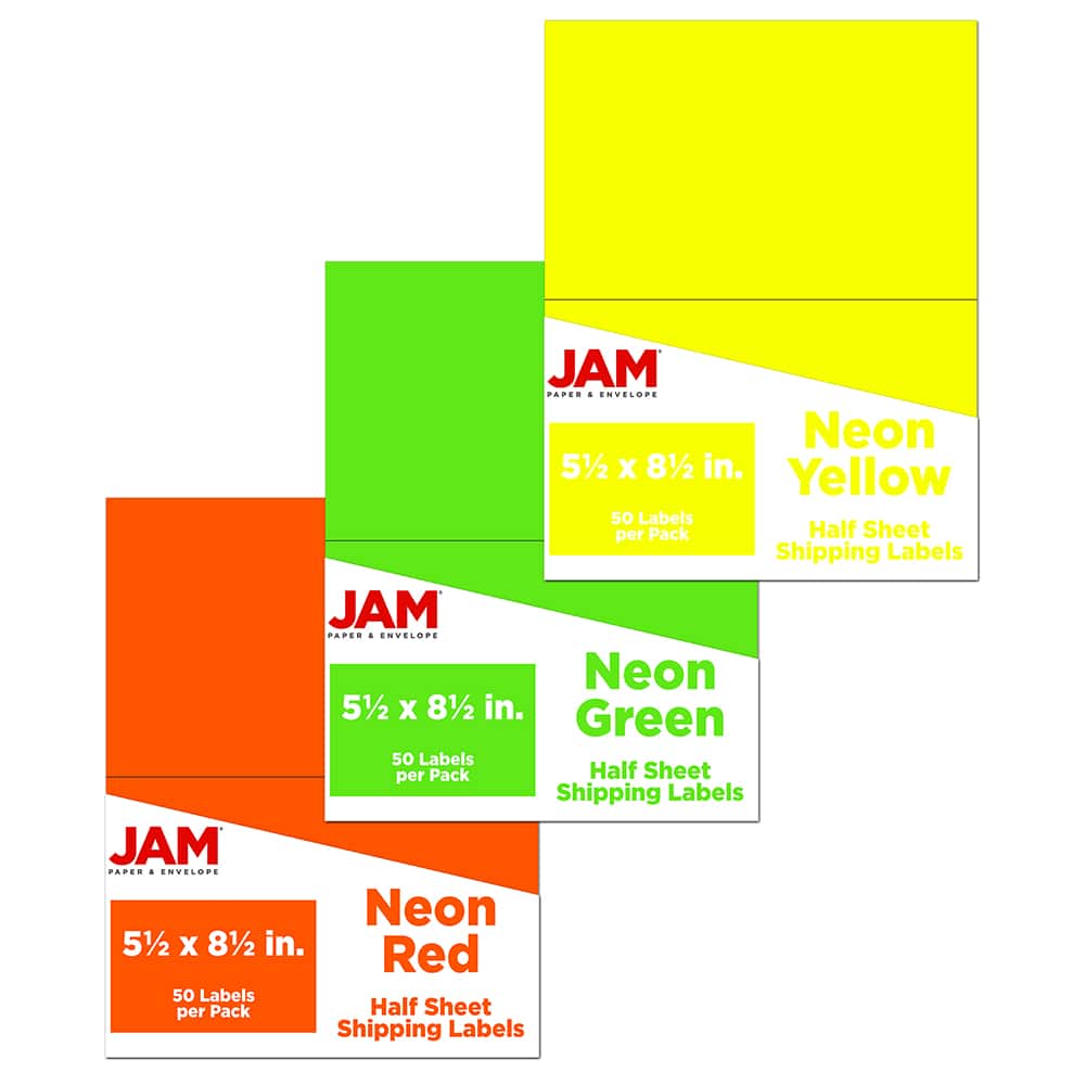 JAM Paper Assorted Bright Neon Color Half Sheet Shipping Labels, 5.5&#x22; x 8.5&#x22;