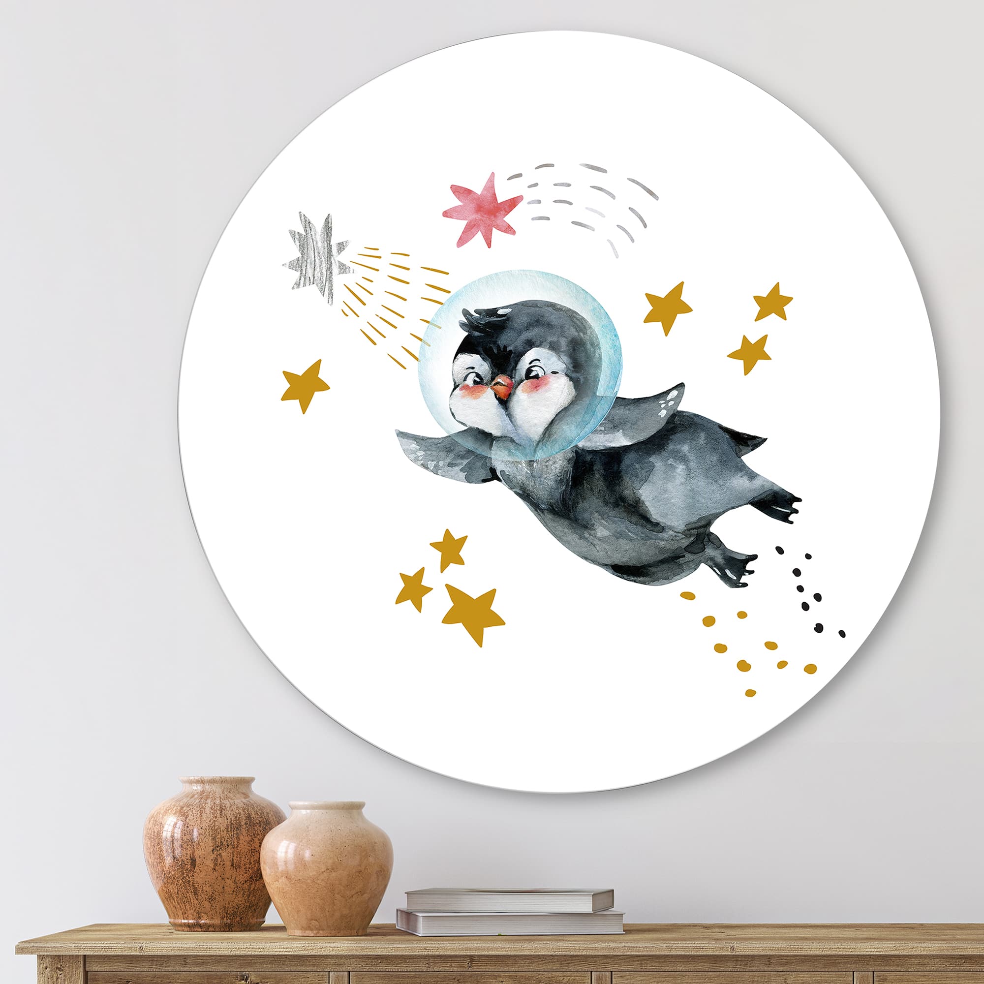 Designart - Little Penguin Flying Stars and Planets I - Farmhouse Metal Circle Wall Art