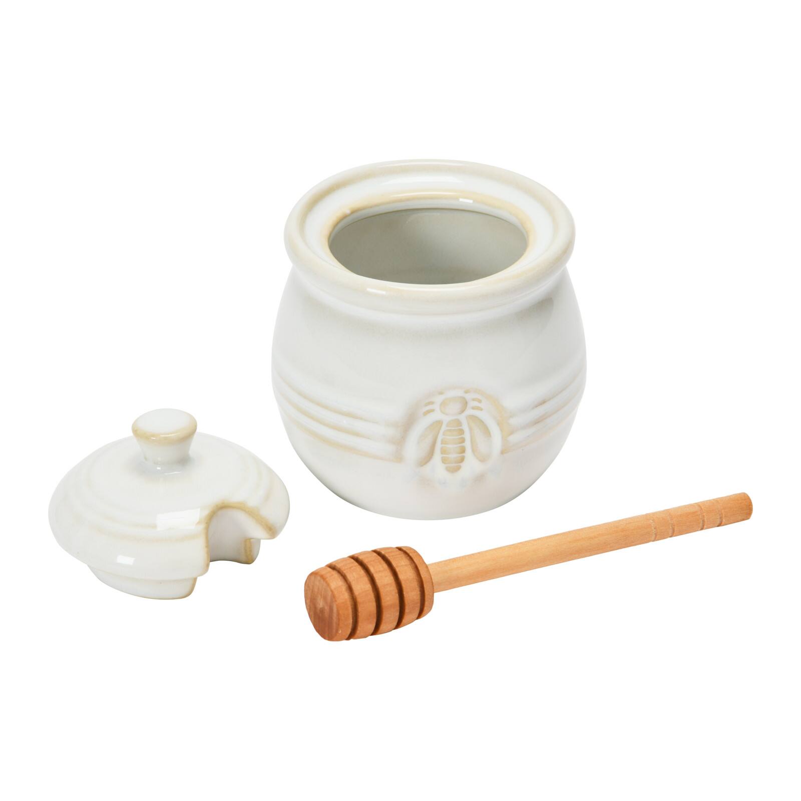 Hello Honey&#xAE; 3.5&#x22; White Ceramic Honey Bee Pot &#x26; Wood Dipper