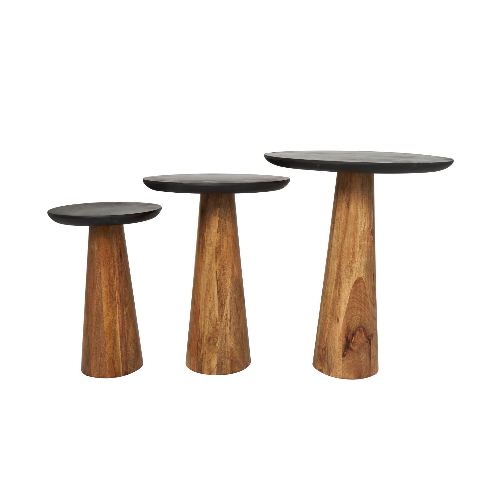 Brown Mango Wood Handmade Cone Shaped Accent Table with Black Tabletop Set
