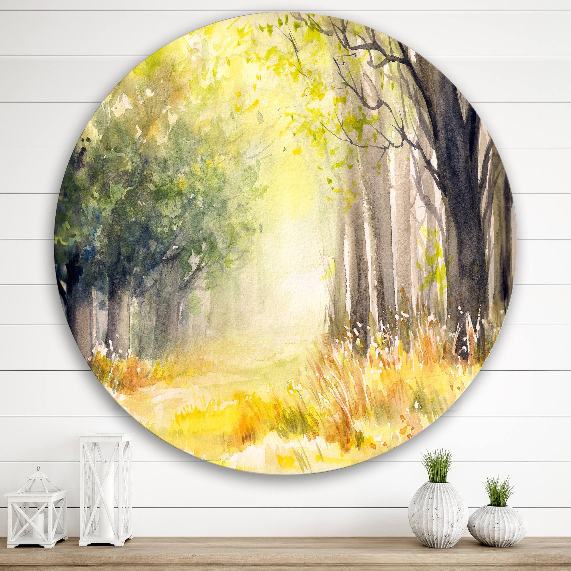 Designart - Bright Sunshine Through The Forest Trees IV - Traditional Metal Circle Wall Art