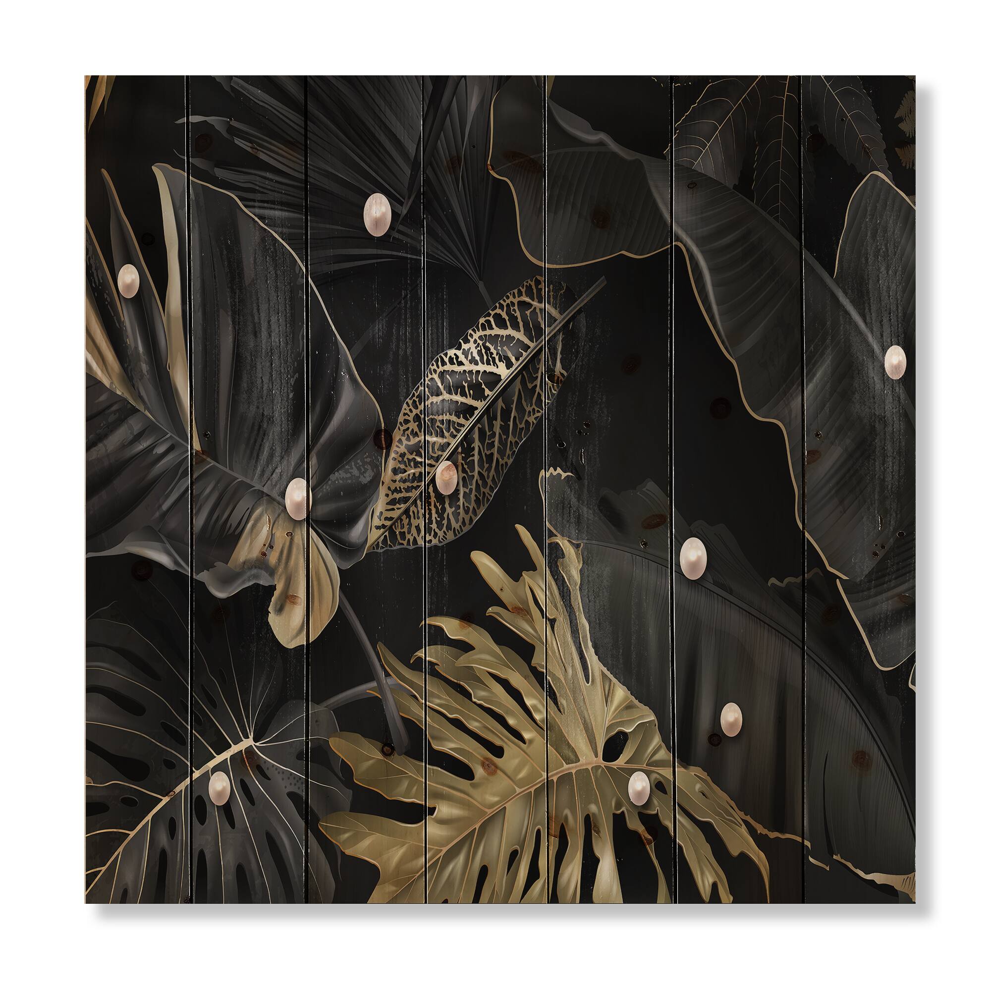 Designart - Black and Gold Tropical Leaves III - Modern Print on Natural Pine Wood