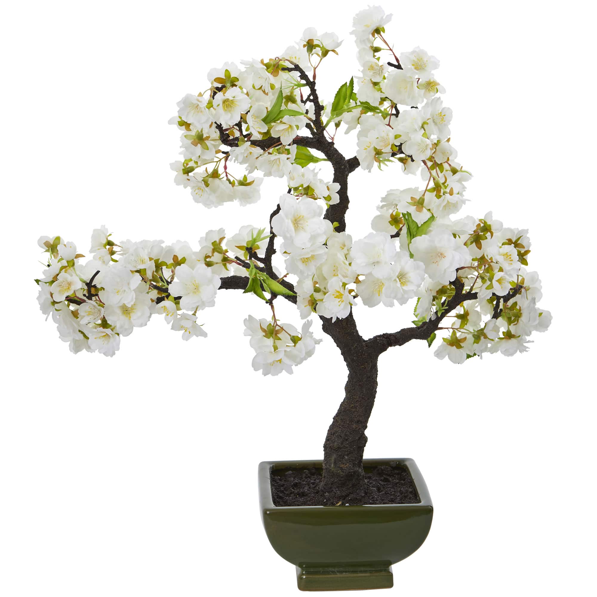 20" White Cherry Blossom Bonsai Tree in Green Planter