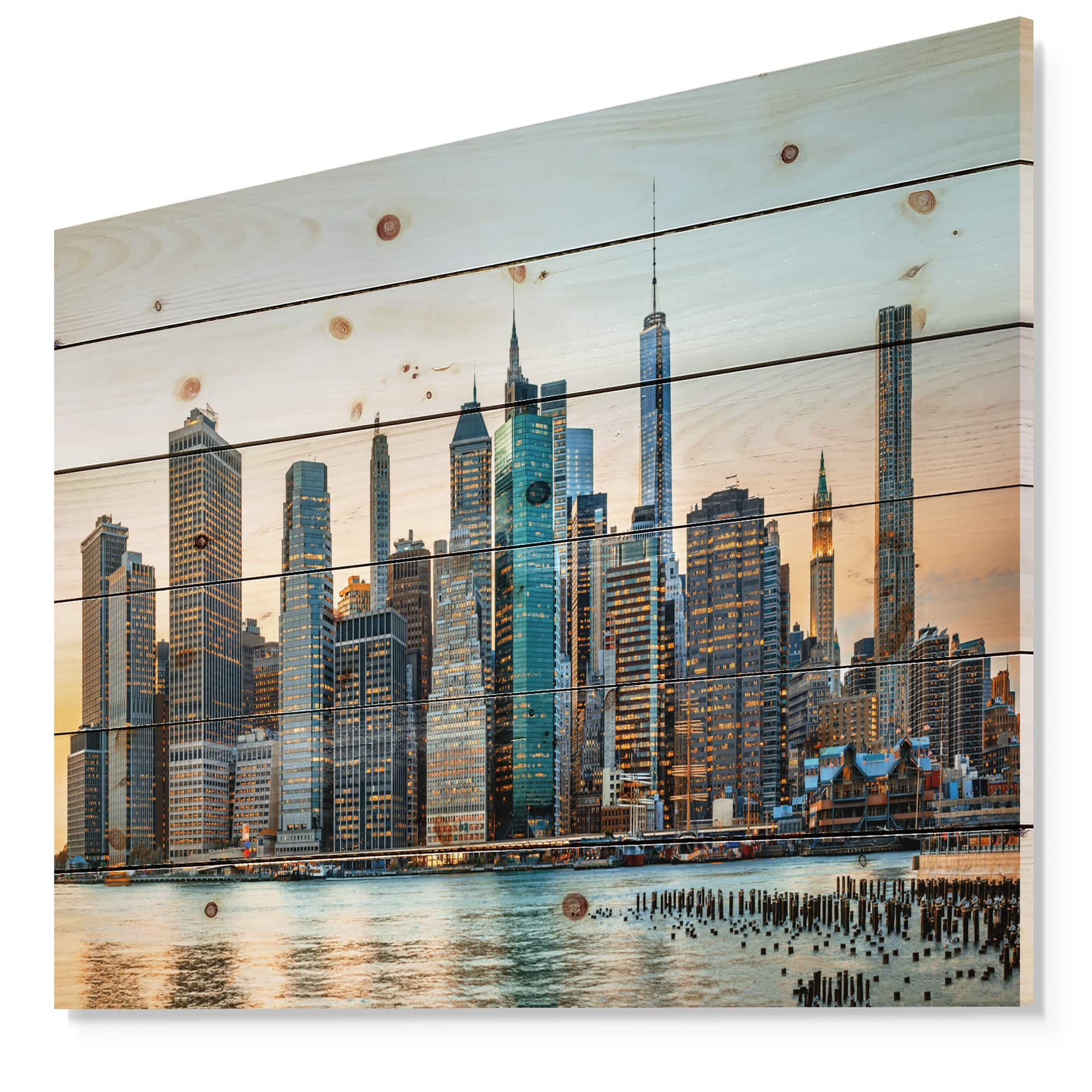 Designart - New York City Skyline - Photography Print on Natural Pine Wood