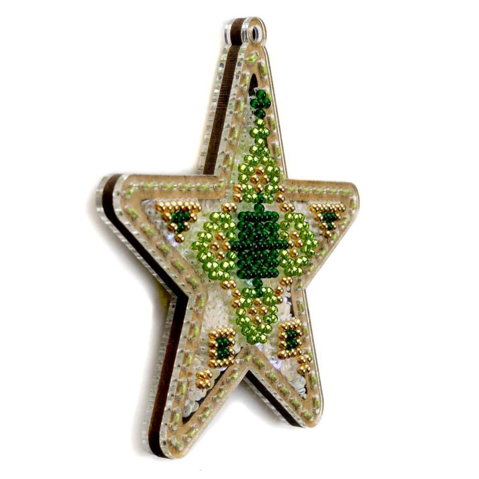 Wonderland Crafts Green &#x26; Gold Star Christmas Ornament Bead Embroidery Kit