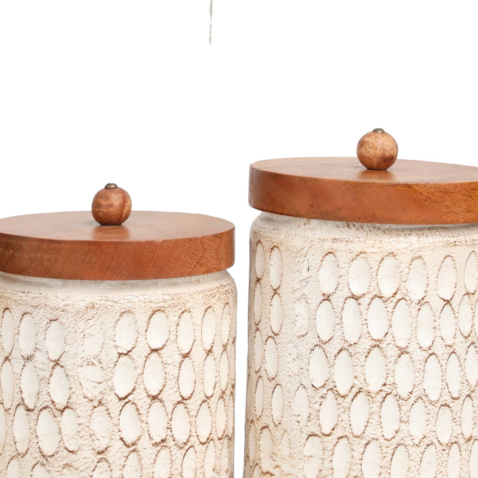 Cream Paper Mache Handmade Carved Spotted Geometric Canisters with Removable Lids Set