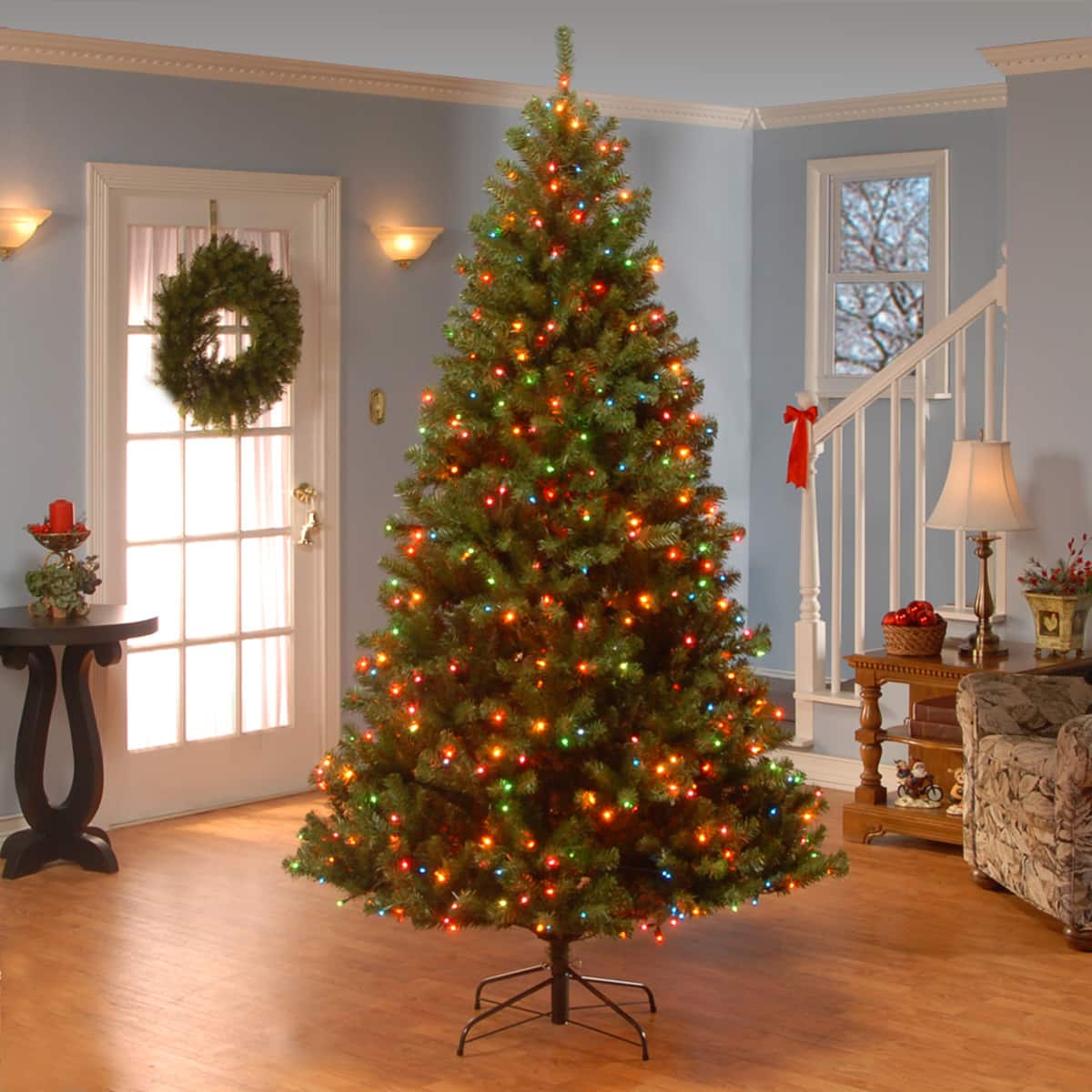 7.5 ft. Pre-lit Hinged North Valley Spruce Medium Artificial Christmas Tree, Multicolor Lights