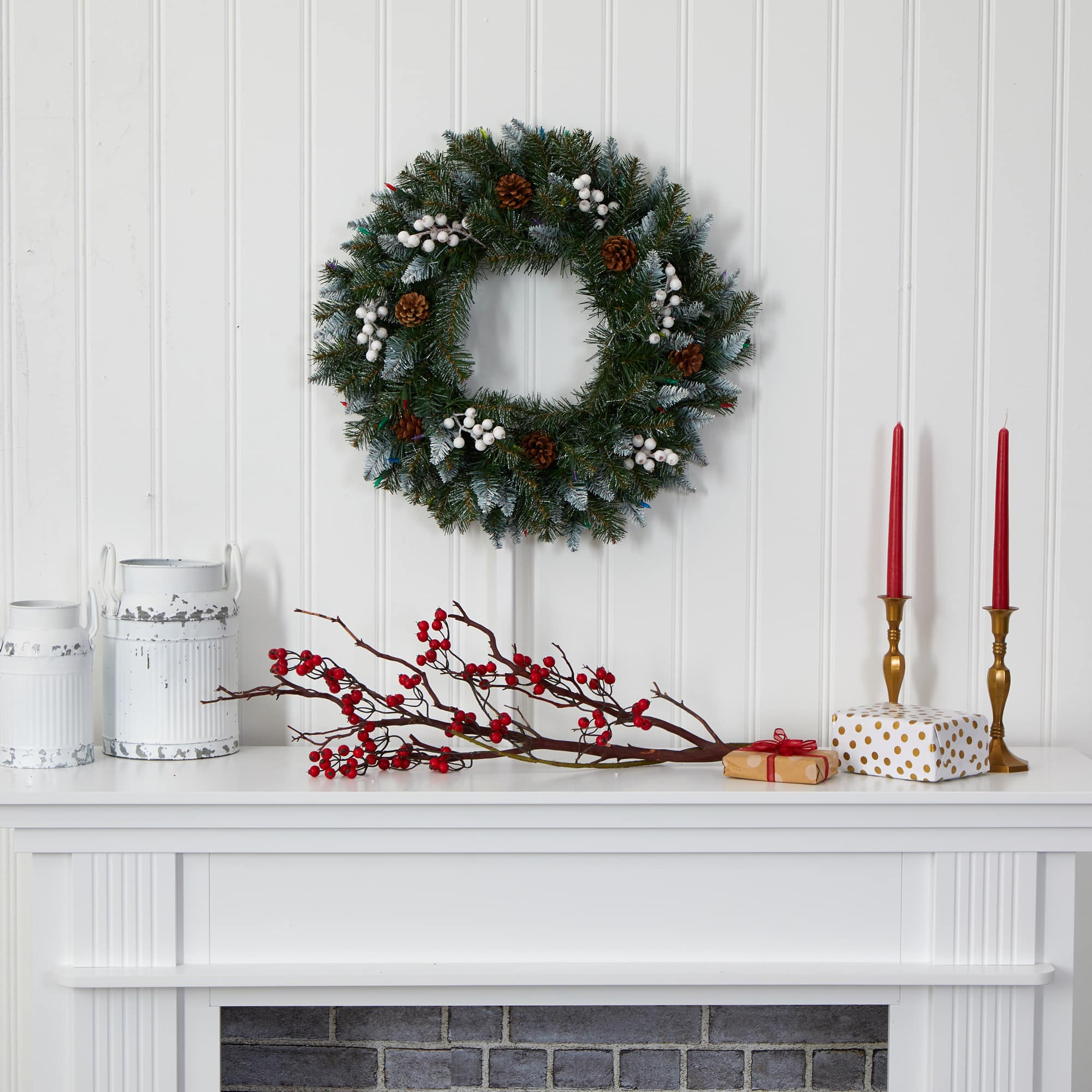 24&#x22; LED Snow Tipped Pinecone &#x26; White Berry Wreath