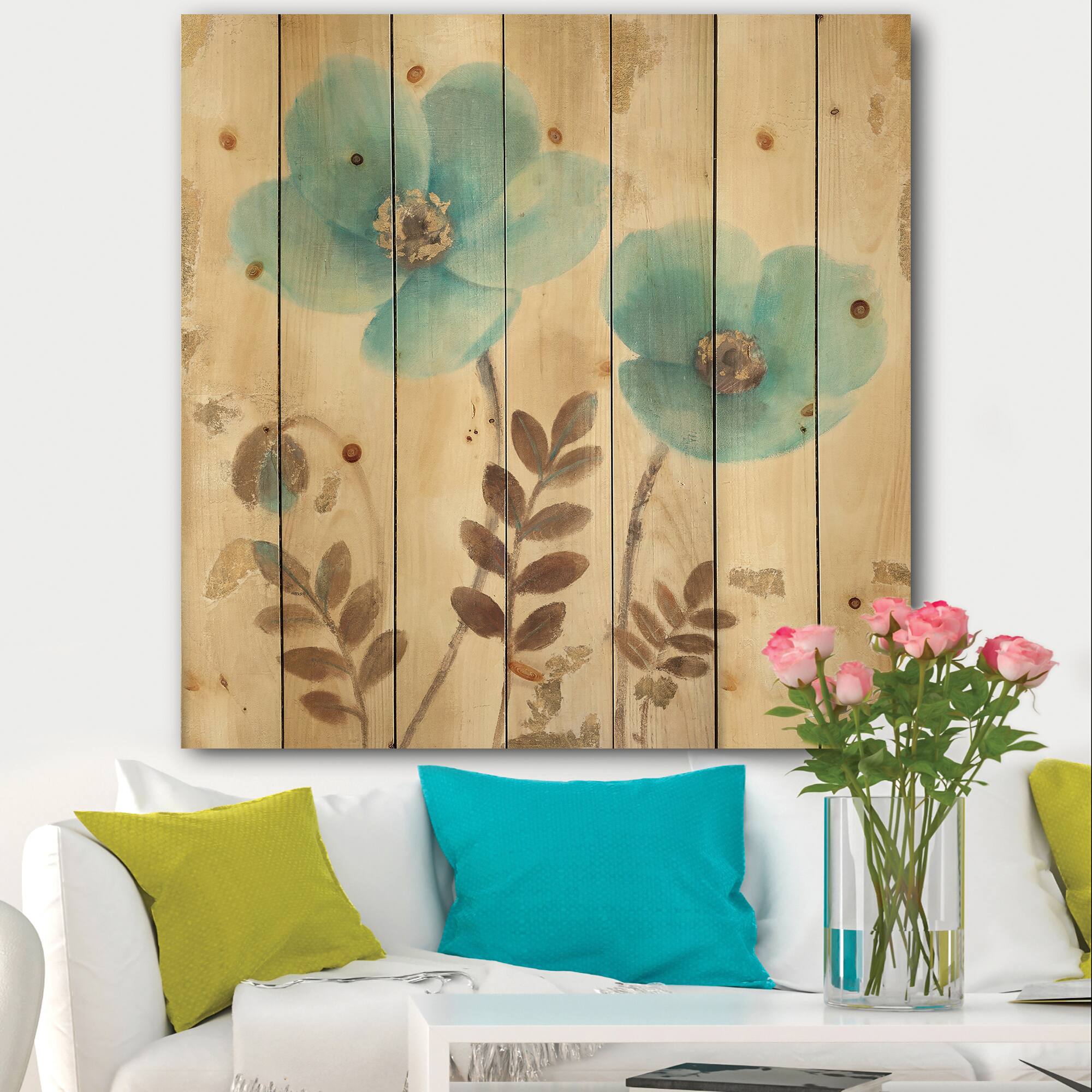 Designart - Blue Poppies Cottage Flowers I - Farmhouse Print on Natural Pine Wood