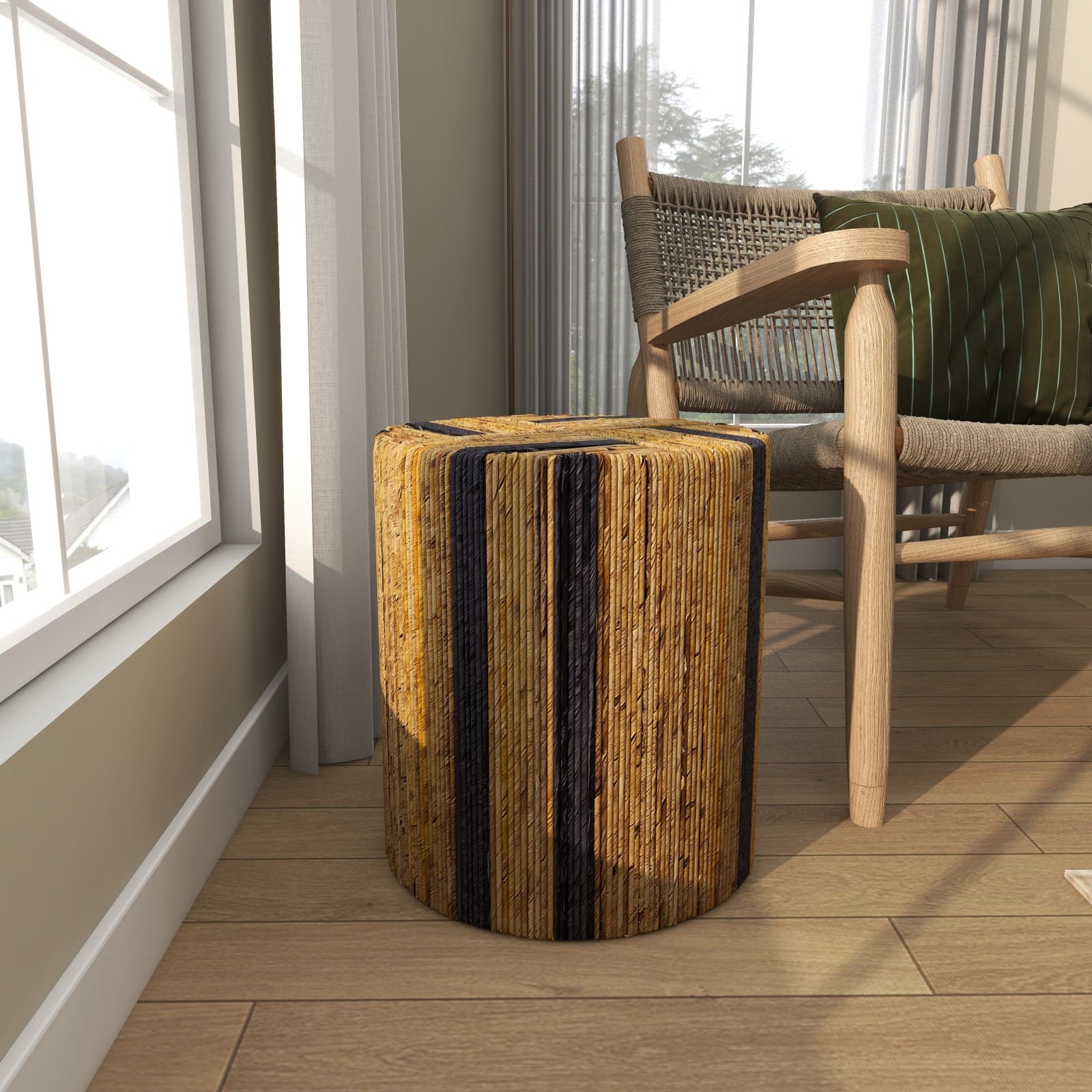 Brown Banana Leaf Handmade Linear Wrapped Accent Table with Navy Stripes