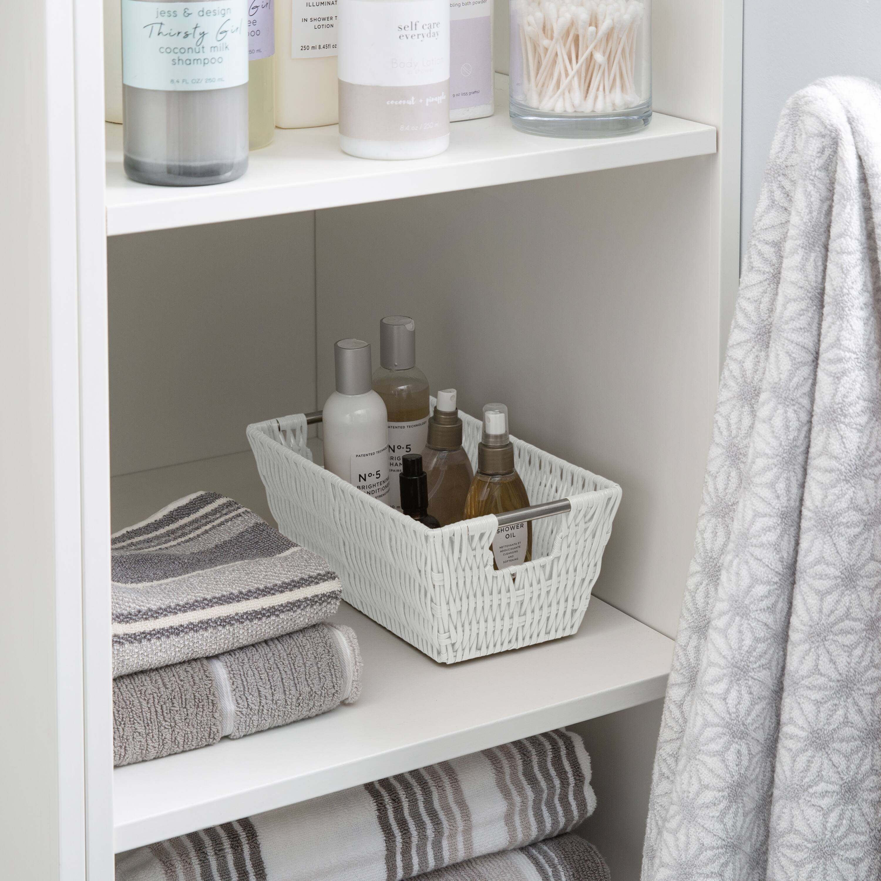 Simplify Small White Shelf Storage Rattan Tote Basket