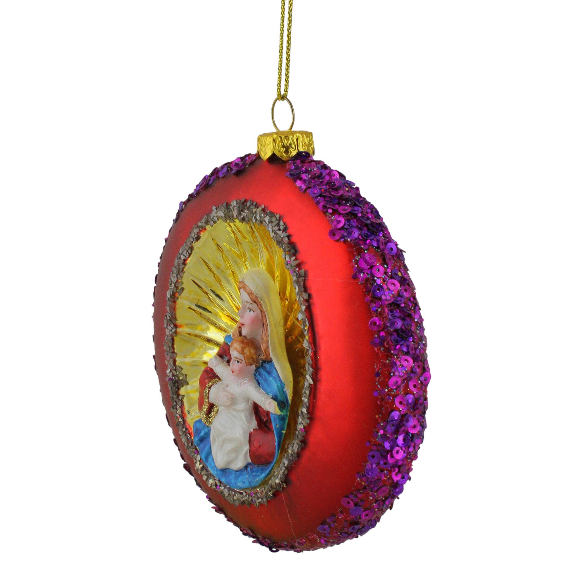 4" Mary and Jesus Sequin Religious Glass Disc Christmas Ornament