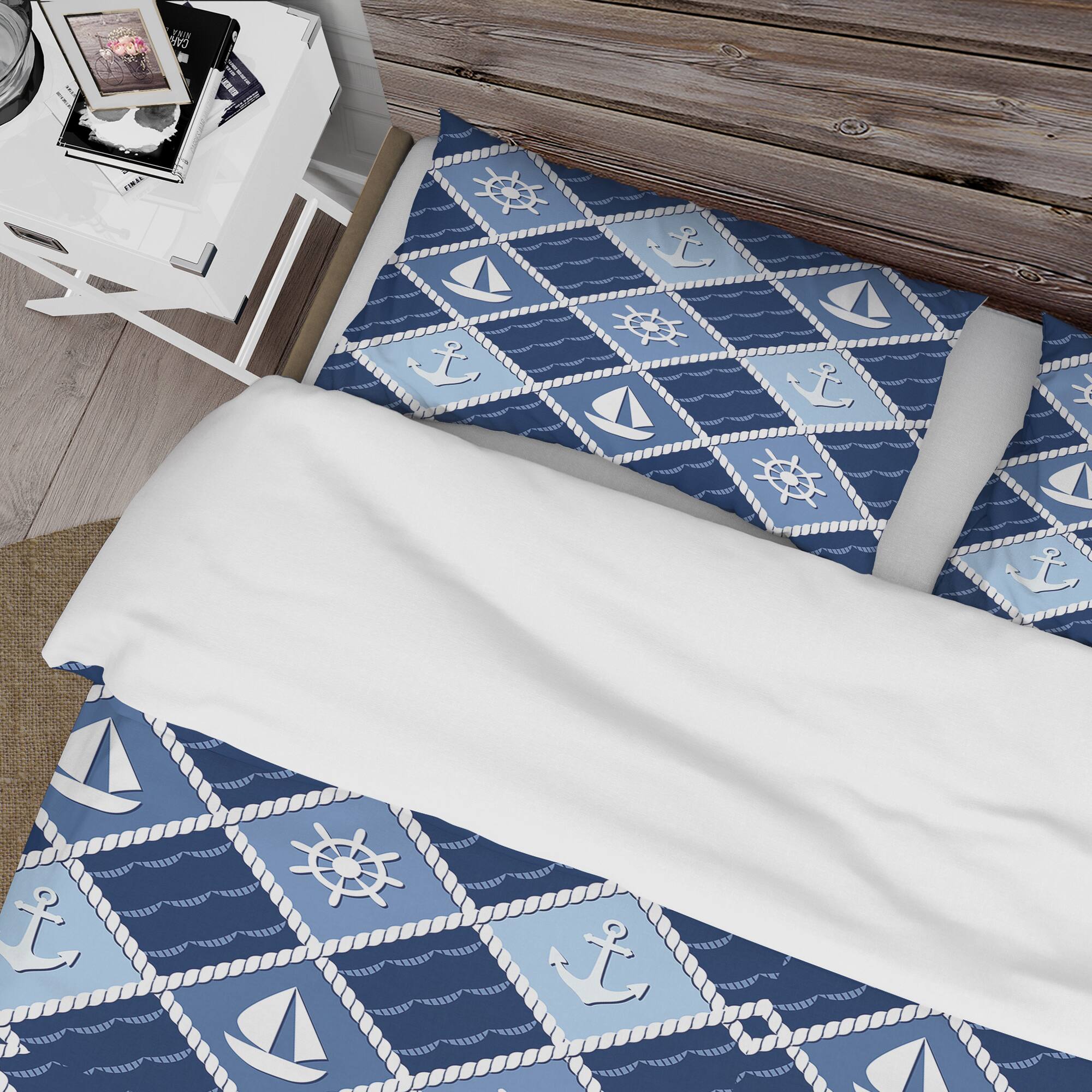 Designart 'Anchor and sailboat on blue waves' Coastal Bedding Set