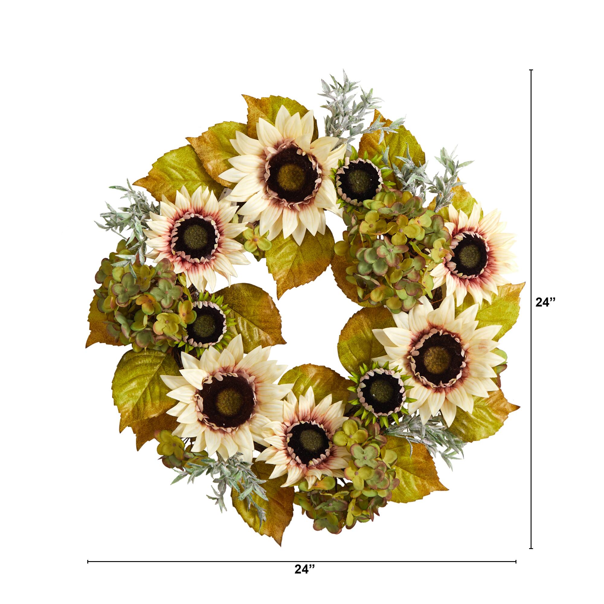 24&#x22; White Sunflower &#x26; Hydrangea Artificial Autumn Wreath