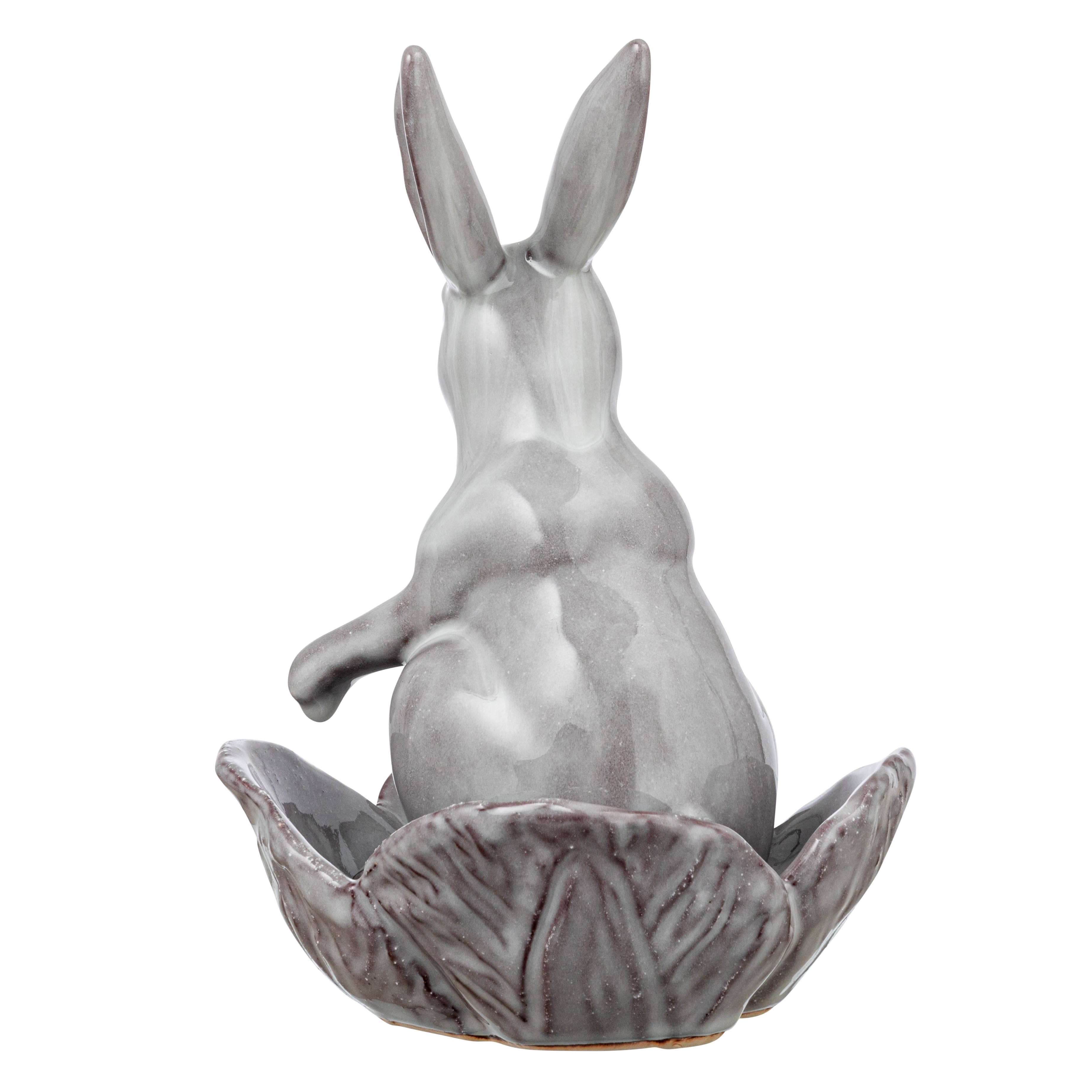 8&#x22; White Stoneware Rabbit Figurine with Flower Shaped Bowl